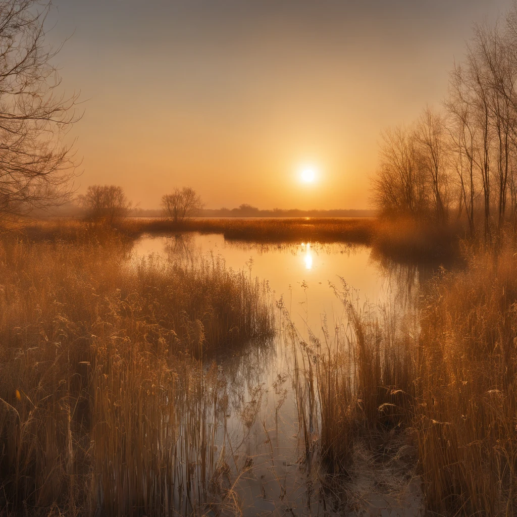 Peaceful reed wetland scenery at dawn and sunrise in winter，Soft gold tones depict the horizon of water and sky，Scattered small wildflowers，IMAGE IN 2560X1440 PIXEL FORMAT