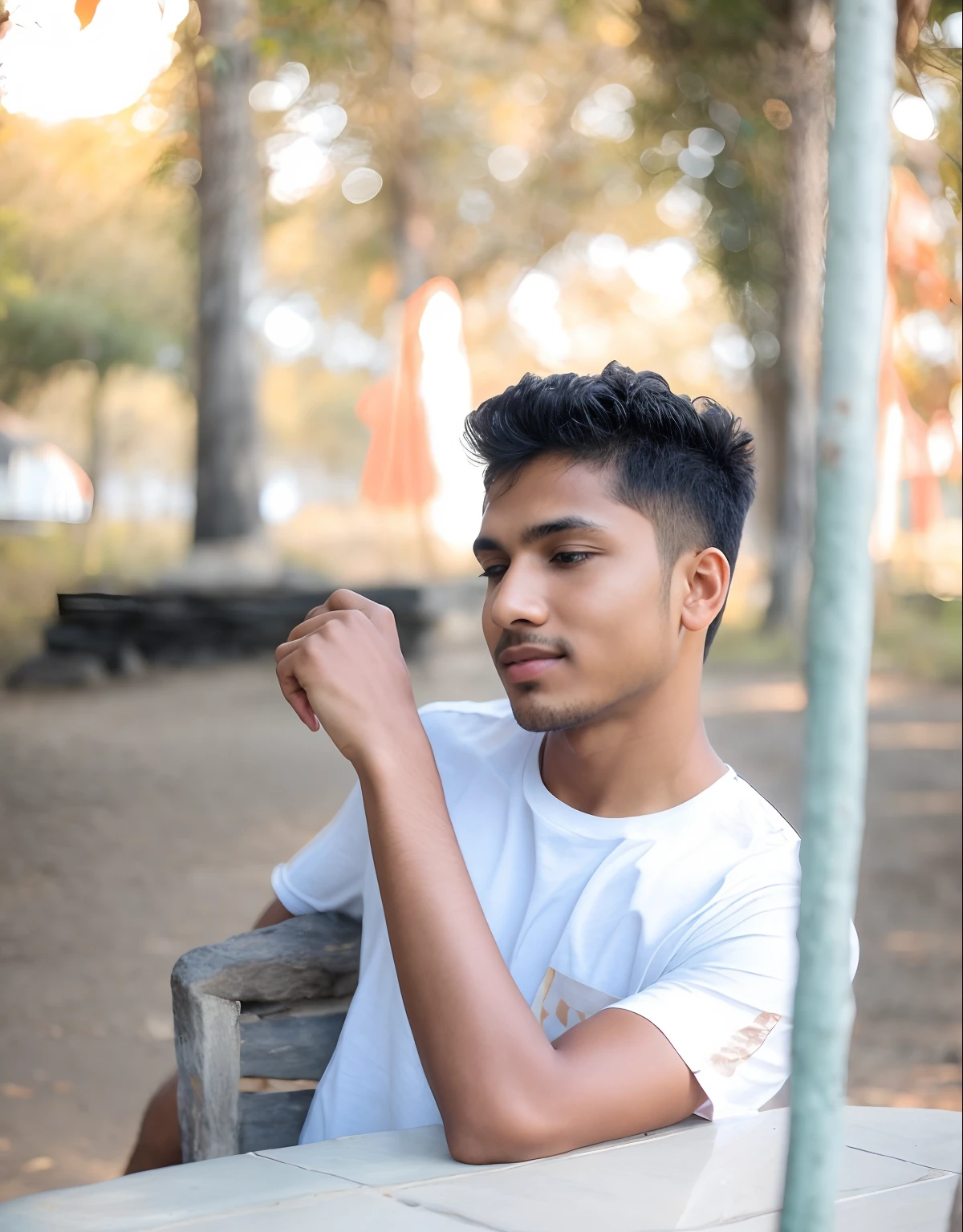 man in a peach colored dress sitting on a rock, assamese aesthetic, soft portrait shot 8 k, indian boy with brown skin, with lovely look, wearing a T-shirt , a cute young man, photo of young man, a beautiful young woman, portrait shot 8 k, high quality portrait, smooth in _ the background, details, high quality,4k