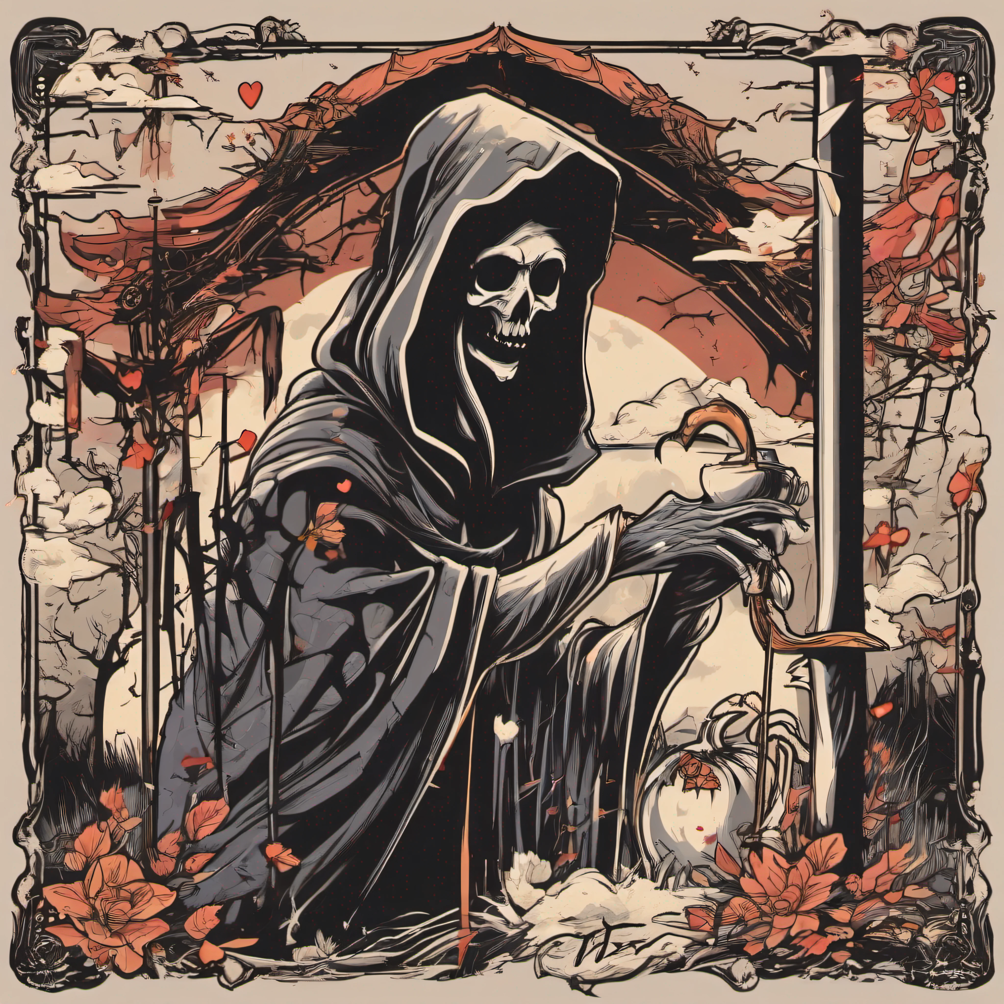 beautiful illustration, Halloween theme, whimsical the Grim Reaper, t-shirt art, centered artwork, sticker, vectorart, typography with text saying" Love is dead", vibrant, graffiti, ukiyo-e, illustration, anime