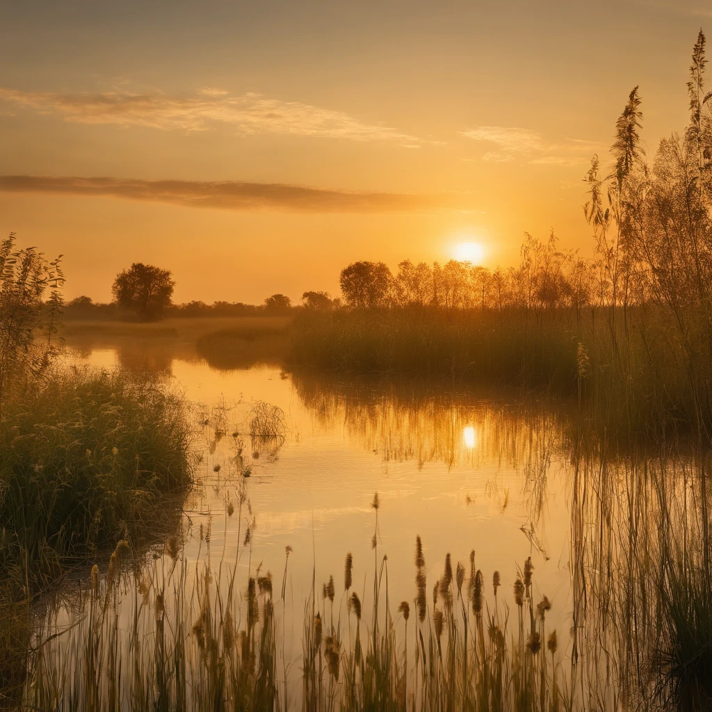 Peaceful reed wetland scenery at dawn in summer,Soft gold tones depict the horizon of water and sky,Scattered small wildflowers,IMAGE IN 2560X1440 PIXEL FORMAT