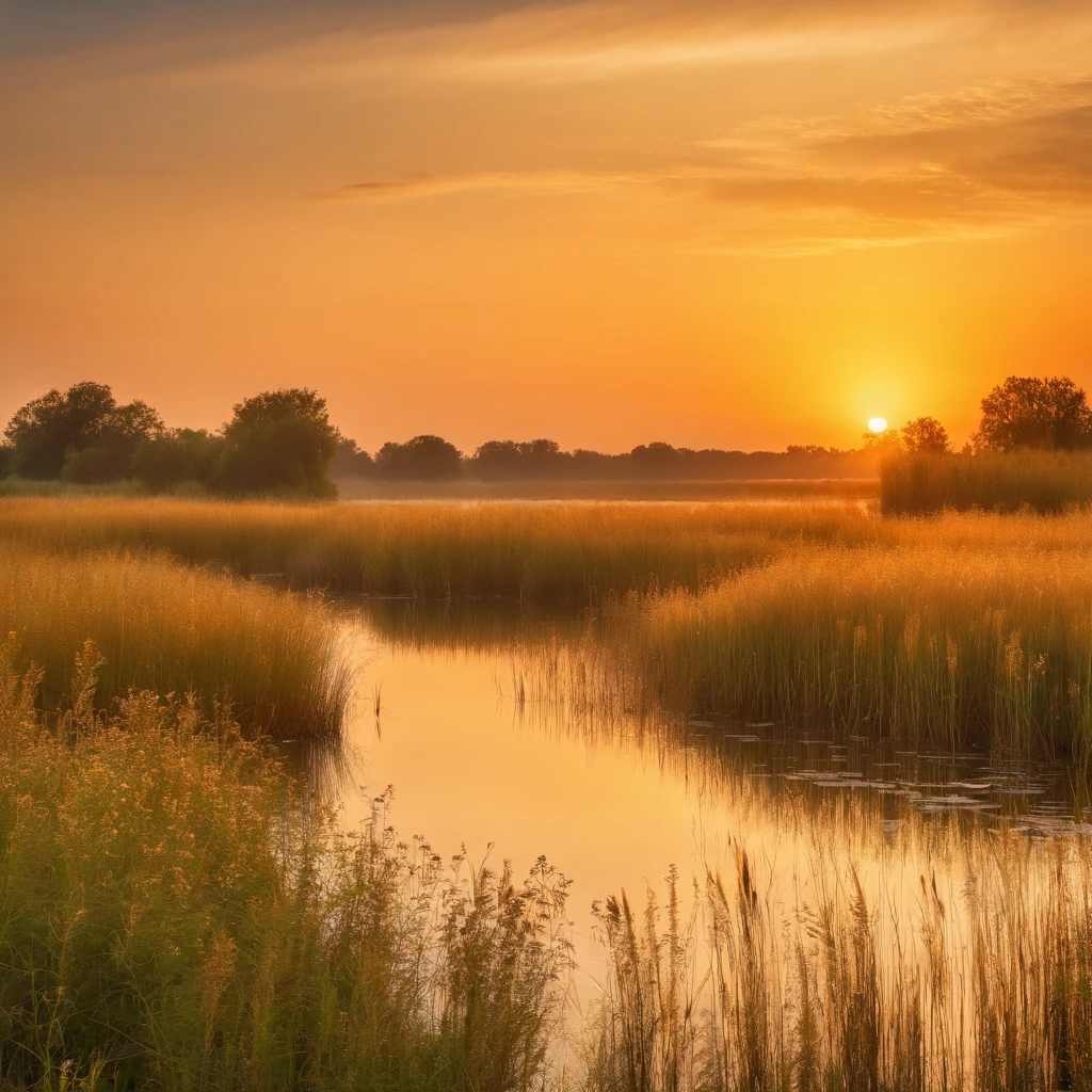 Peaceful reed wetland scenery at dawn in summer，Soft gold tones depict the horizon of water and sky，Scattered small wildflowers，IMAGE IN 2560X1440 PIXEL FORMAT