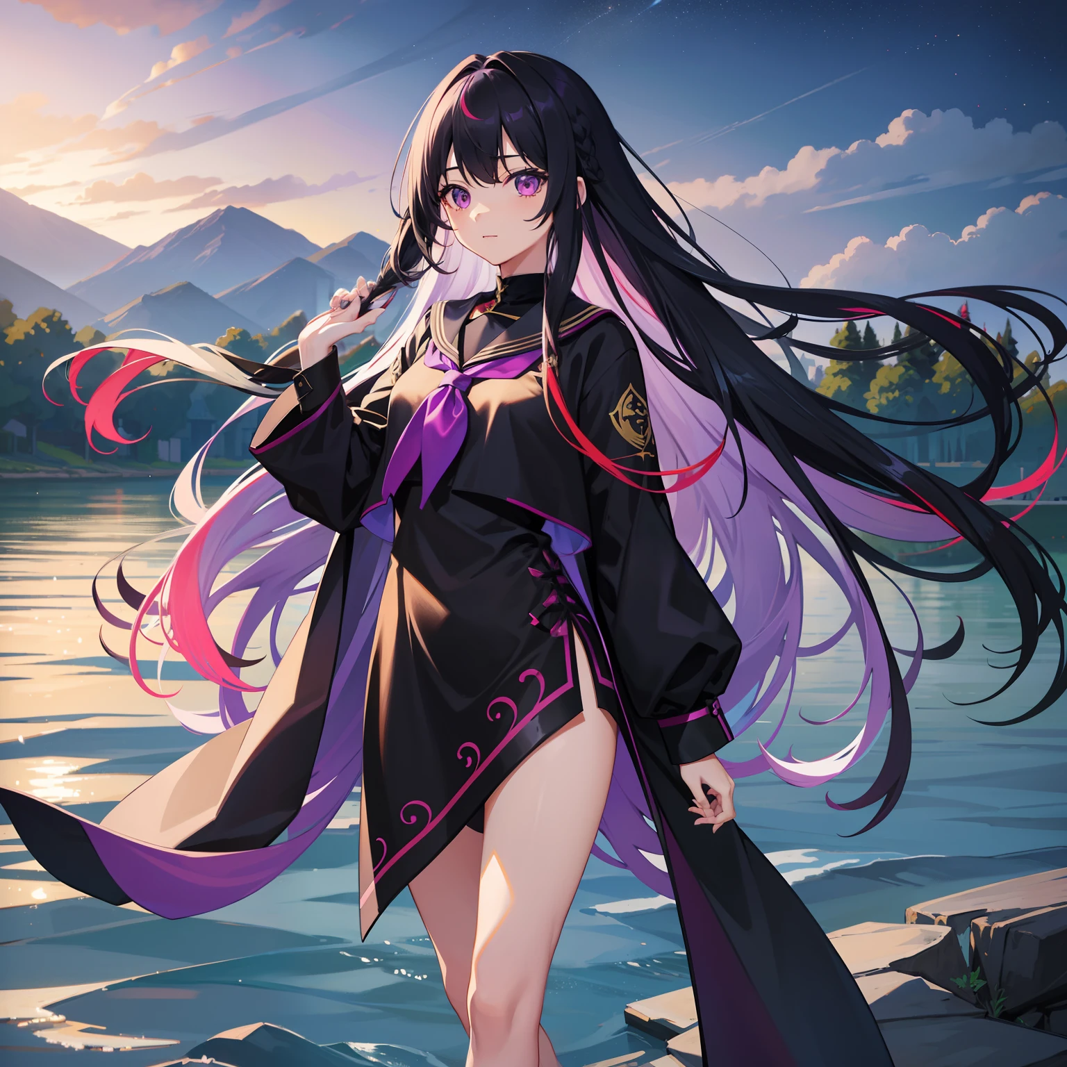 Long hair in multicolored colors,Purple eye,black school uniform,horizon,Across the river,Black Silk Girl,Barefoot