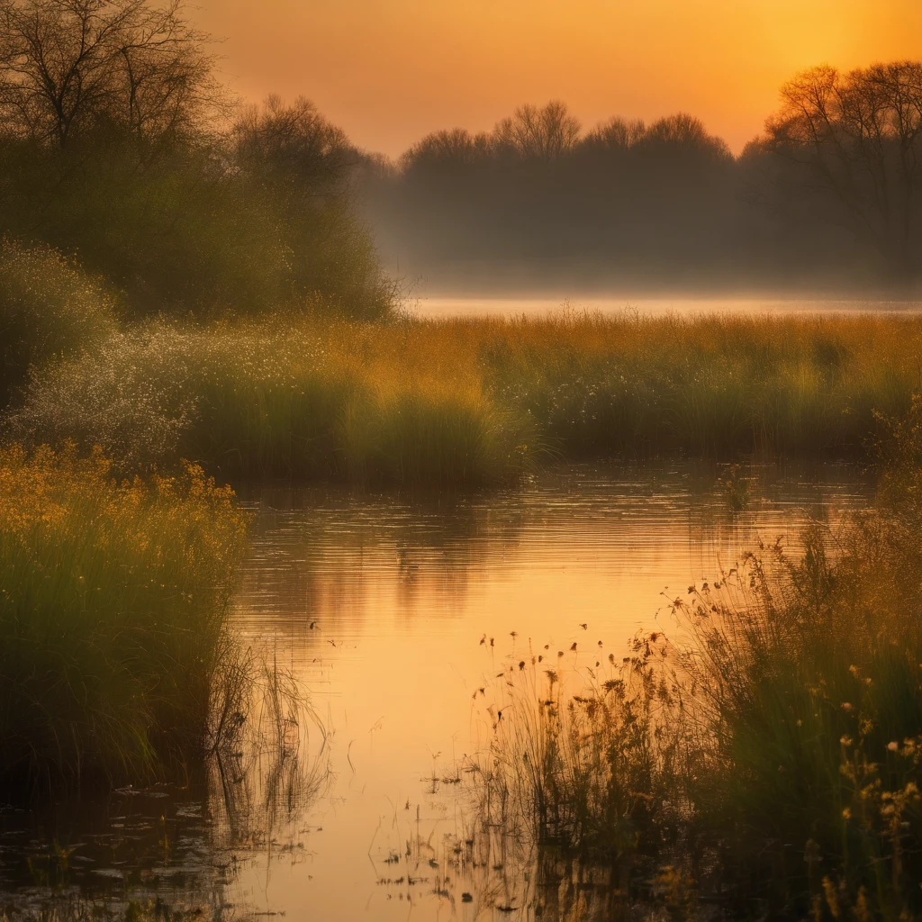 Rainy spring and peaceful reed wetland scenery at dawn,Soft gold tones depict the horizon of water and sky,Scattered small wildflowers,IMAGE IN 2560X1440 PIXEL FORMAT