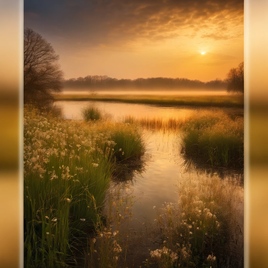 Rainy spring and peaceful reed wetland scenery at dawn,Soft gold tones depict the horizon of water and sky,Scattered small wildflowers,IMAGE IN 2560X1440 PIXEL FORMAT