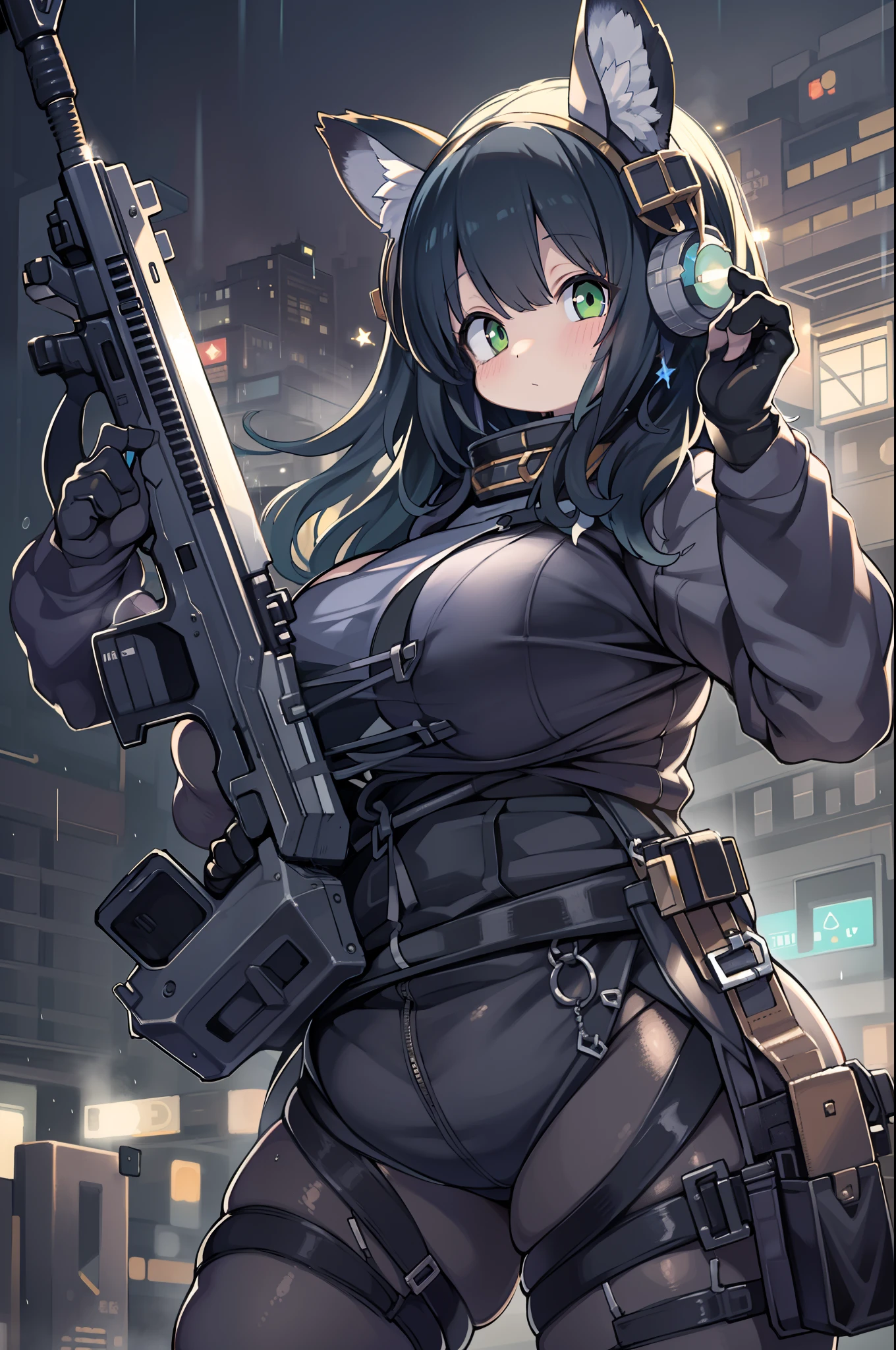 Huge assault rifle、Long sideburns、Anime-style girl with beautiful whole body, Little Girl,clean detailed faces, ciber,analogous colors, Glowing shadows, beautiful gradients, depth of fields, CLEAN IMAGE, High quality,Black Parker Clothing、 high detailing, High Definition, blush, Fit, Heavenly Beauty, Very detailed, Soft lighting, Full body,Green＆Black hair,Green eyes、Overhead view、look down from above、In heavy rain、Wide Shot、Very Wide Shot、bbw、thick thight、big butts、Ultramammy