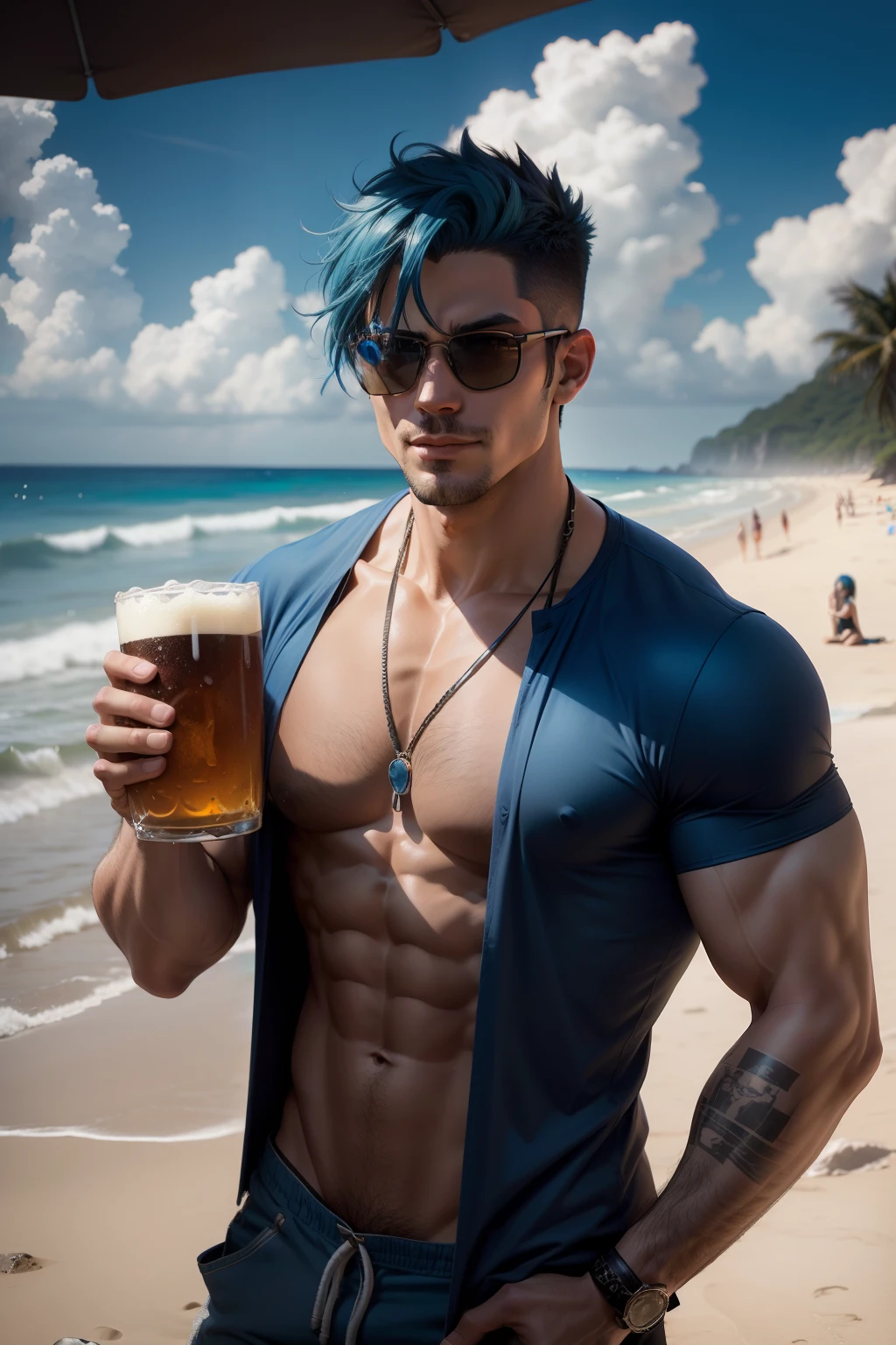 A sexy Muscular Bluish hair Man at the Beach, with Sun Glasses, Short T-shirt, Smirking, Holding a Beer, Perfect Body, Perfect face, detailed and Intrincicate, HD