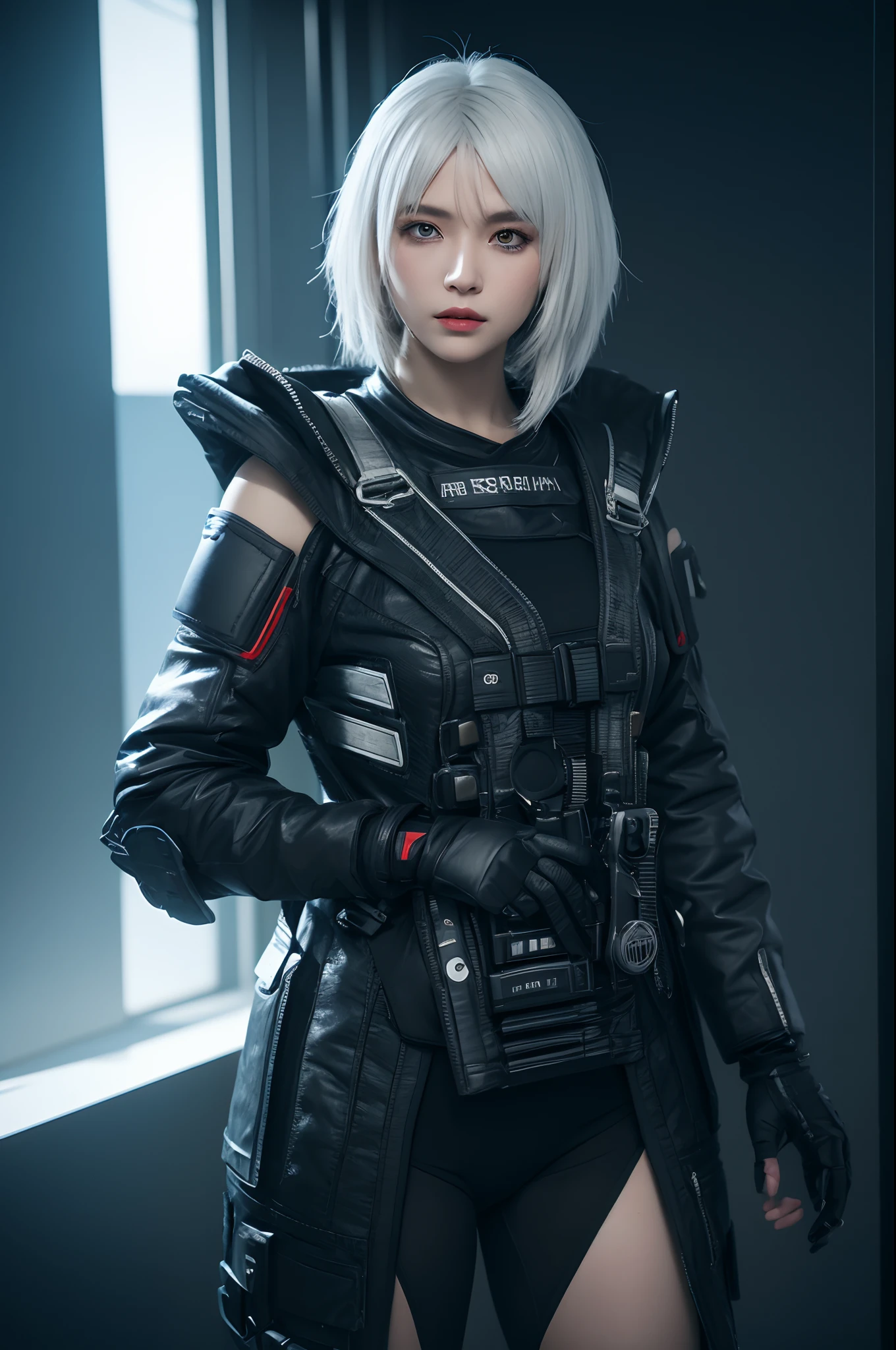 bestquality,highquality,superdetail,texturedskin,detail,awardwinning,3D, A beautiful cyberpunk female image,battledress,white haired,hdr(HighDynamicRange),Ray traching,NVIDIA RTX,Hyper-Resolution,Unreal 5,Subsurface scattering、PBR Texture、post-proces、Anisotropy Filtering、depth of fields、maximum definition and sharpness、Many-Layer Textures、Albedo e mapas Speculares、Surface coloring、Accurate simulation octane rendering of light-material interactions、Two-colored light、largeaperture、Low ISO、White balance、the rule of thirds、8K raw data、blackstockings
