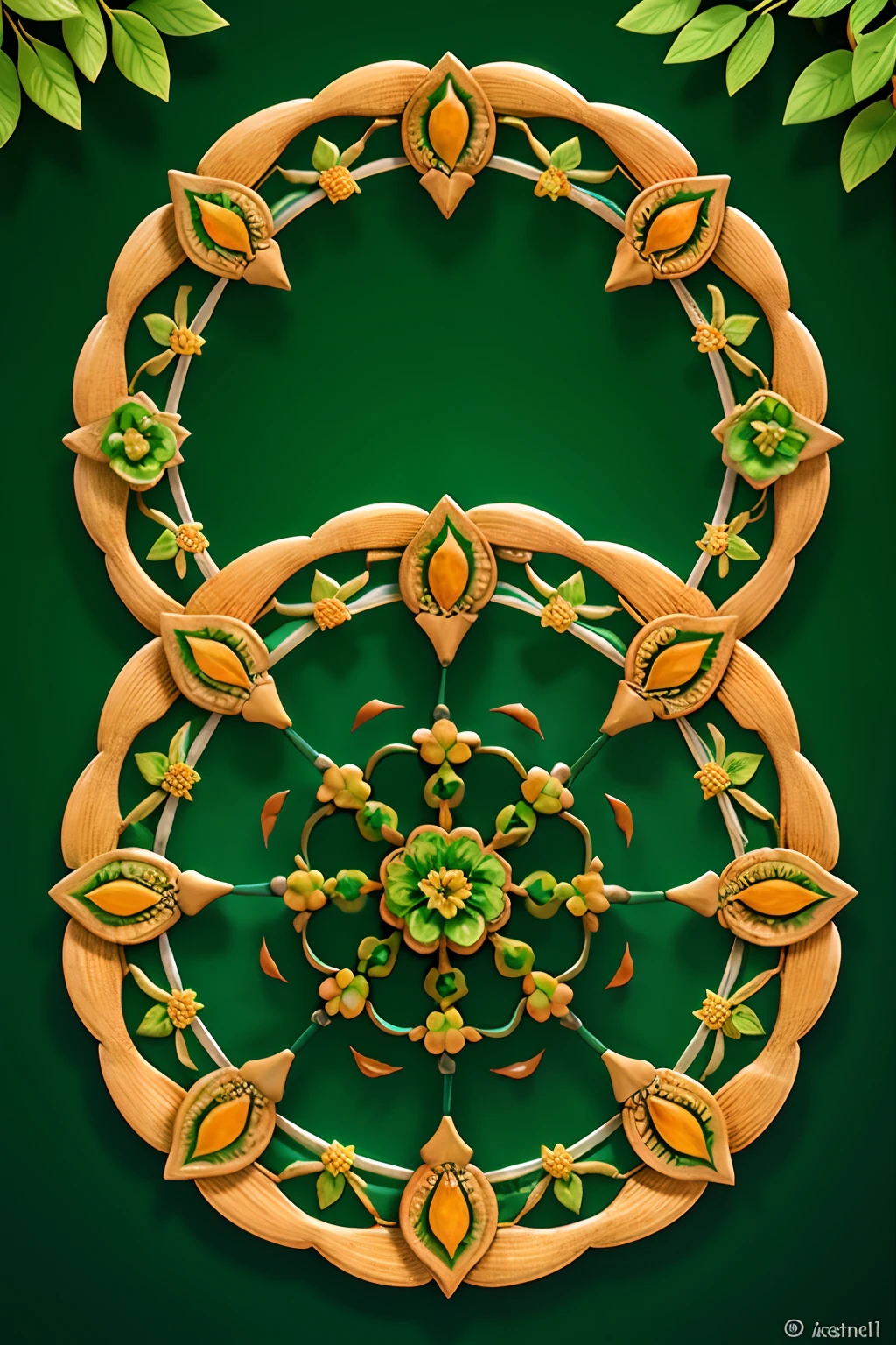 A round ornamental mandala made of green vegetation, plants, flowers and vines.