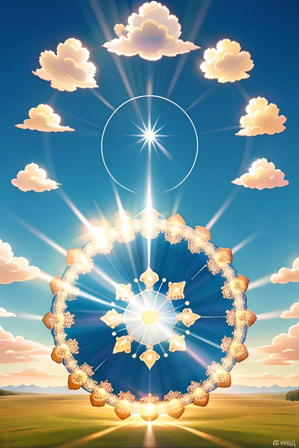A round ornamental mandala made of light rays from heaven, surrounded by puffy white clouds.