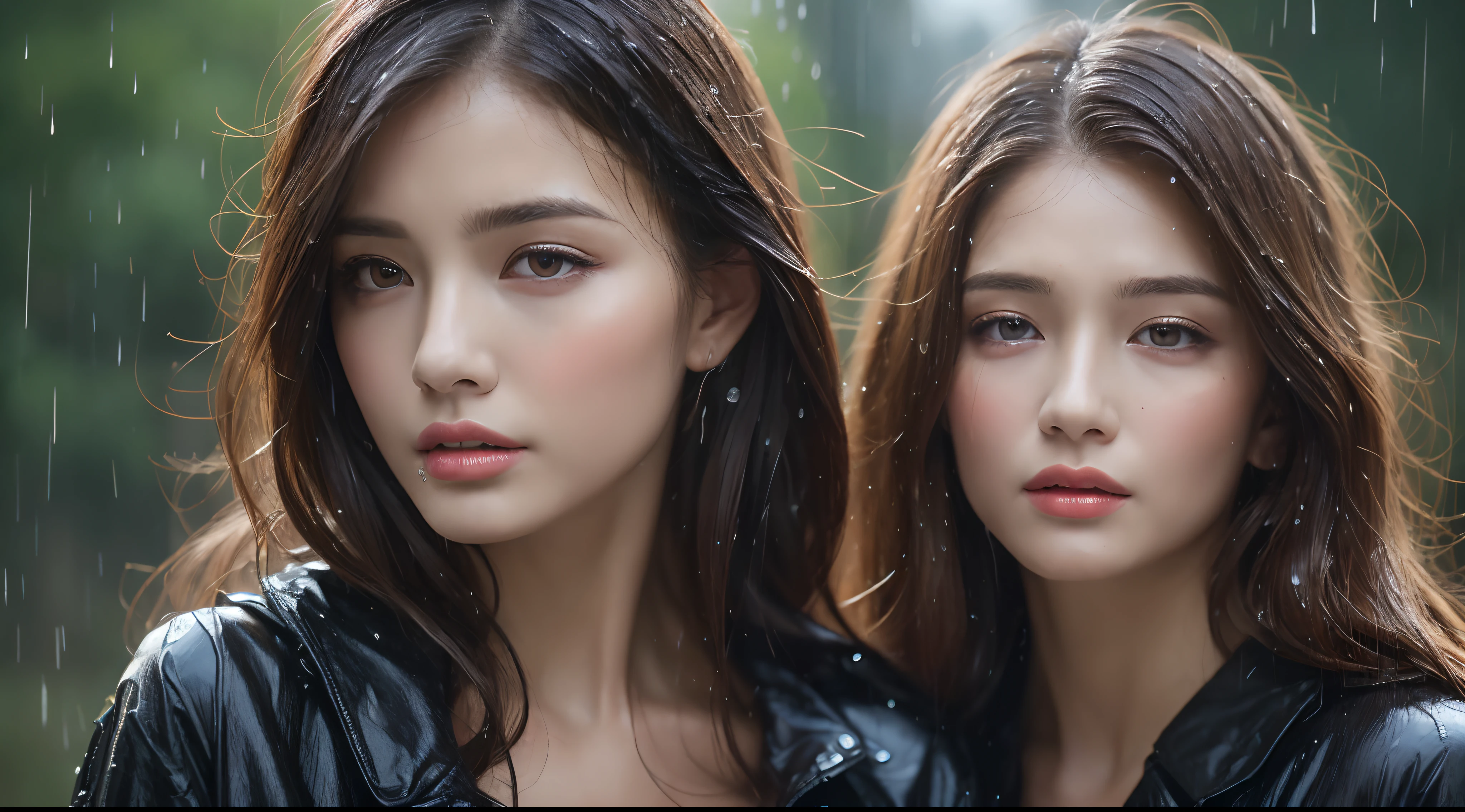 (Best quality, 4k, Masterpiece :1.3), pretty woman, 1girl, (breasts, attractive body :1.2), abs :1.1, dark brown hair: 1.1, (rainy wet, wet from rain, wet body :1.2), ultra-detailed face, detailed lips, detailed eyes, double eyelid