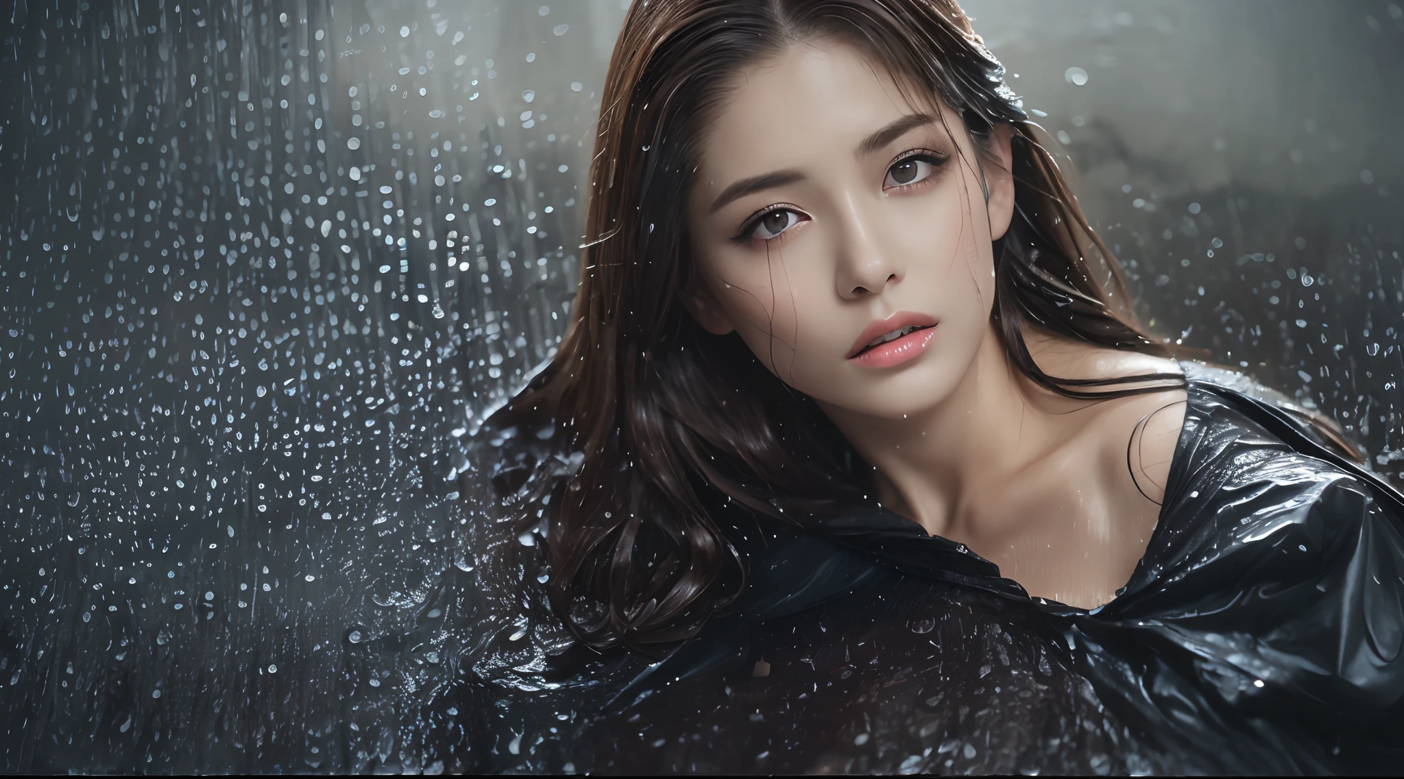 (Best quality, 4k, Masterpiece :1.3), pretty woman, 1girl, (breasts, attractive body :1.2), abs :1.1, dark brown hair: 1.1, (rainy wet, wet from rain, wet body :1.2), ultra-detailed face, detailed lips, detailed eyes, double eyelid