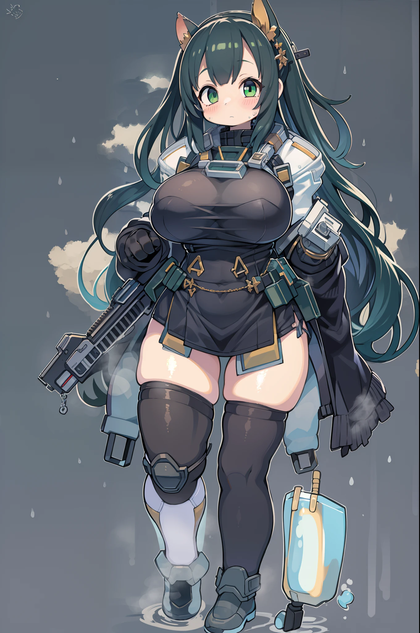 Huge assault rifle、Long sideburns、Anime-style girl with beautiful whole body, ,clean detailed faces, ciber,analogous colors, Glowing shadows, beautiful gradients, depth of fields, CLEAN IMAGE, High quality,Black Parker Clothing、 high detailing, High Definition, blush, Fit, Heavenly Beauty, Very detailed, Soft lighting, Full body,Green＆Black hair,Green eyes、Overhead view、look down from above、In heavy rain、Wide Shot、Very Wide Shot、bbw、thick thight、big butts、Ultramammy