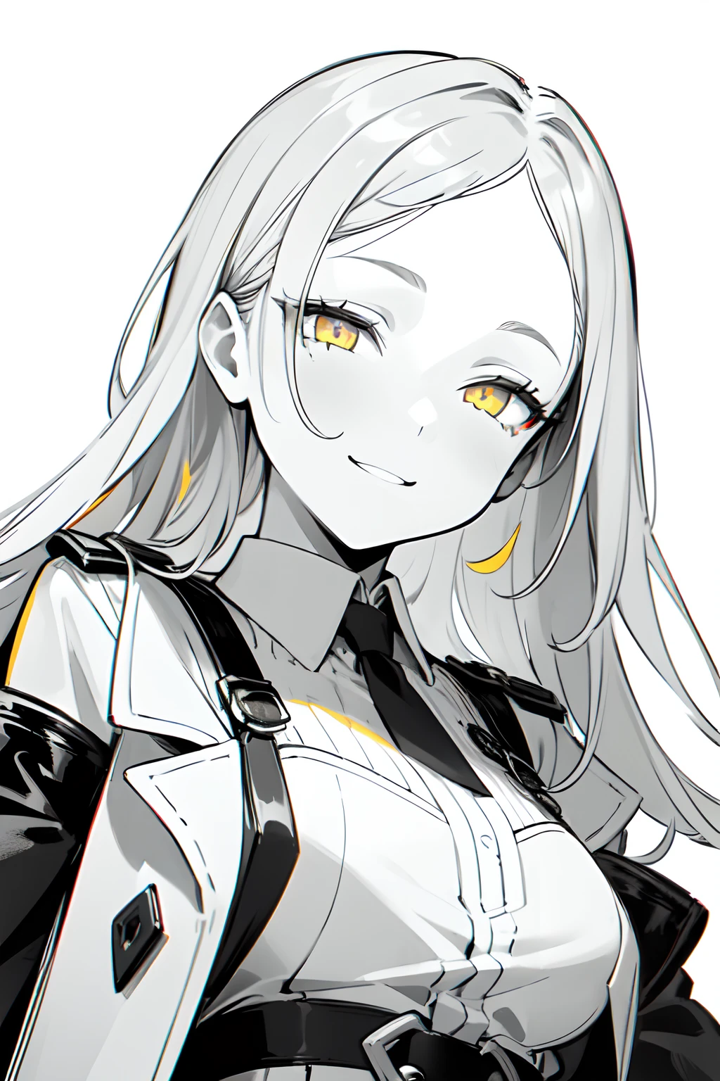 (((colored yellow eyes with greyscale background))), 1girl, woman, solo, long hair, big hair, (forehead:1.2), (round sunglasses:1.19), yellow eyes, medium breasts, devilish grin from below, white hair, (overcoat, black coat, open coat:1.2), white shirt, collared shirt, (chest harness, shoulder strap:1.15), black leather shorts, garter belt, gloves, ((from below)), elegant, looking at viewer, standing, chromatic aberration, (close-up to face:1.2), face only masterpiece, best quality, 4k