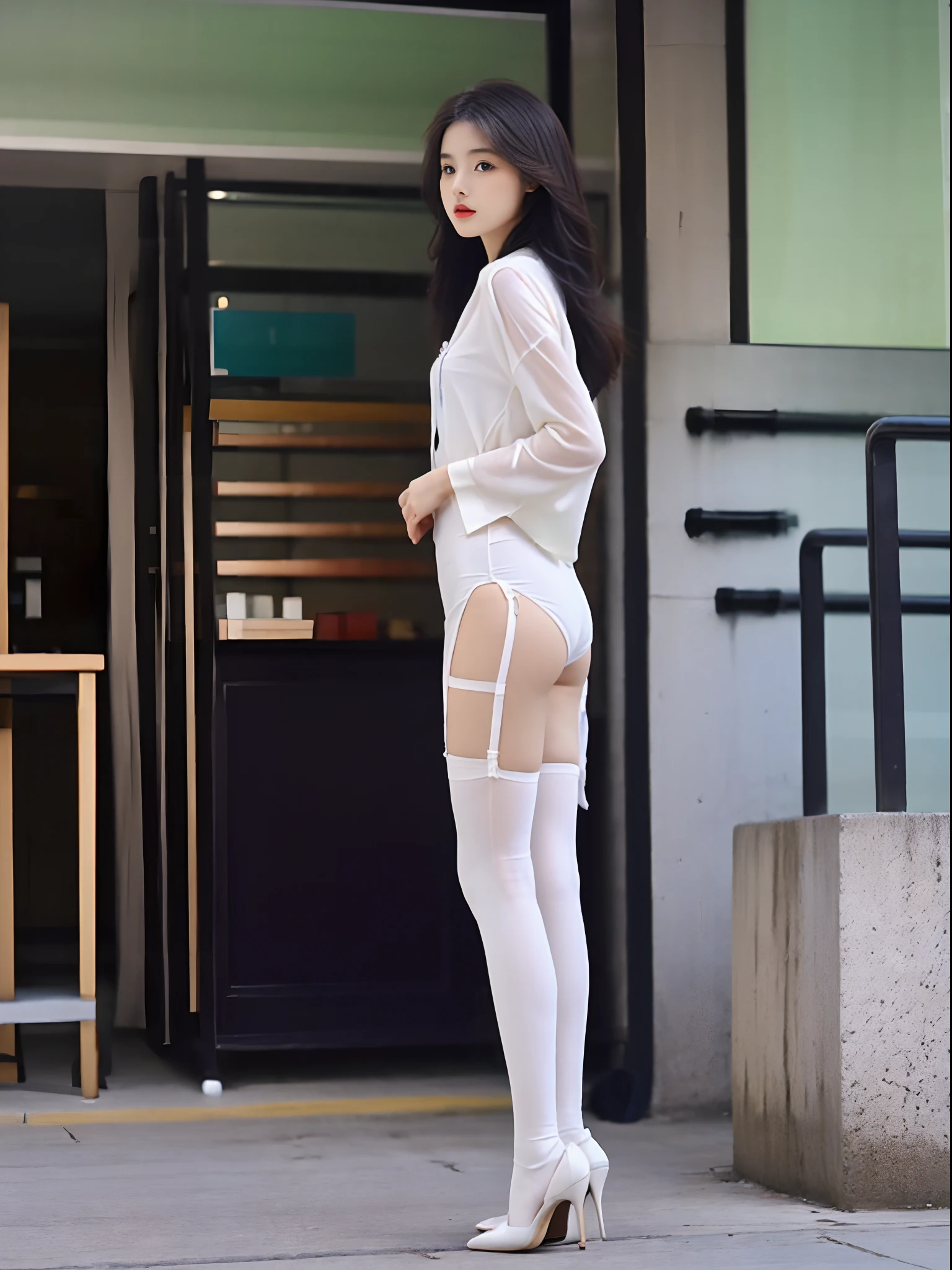 1 girl，full bodyesbian,Nun costumes，During the crossing，White Skin Skin, Elegant posture,seen from the side，Pantyhose，blacksilk，High heel,Hips up,Long hair，mix4