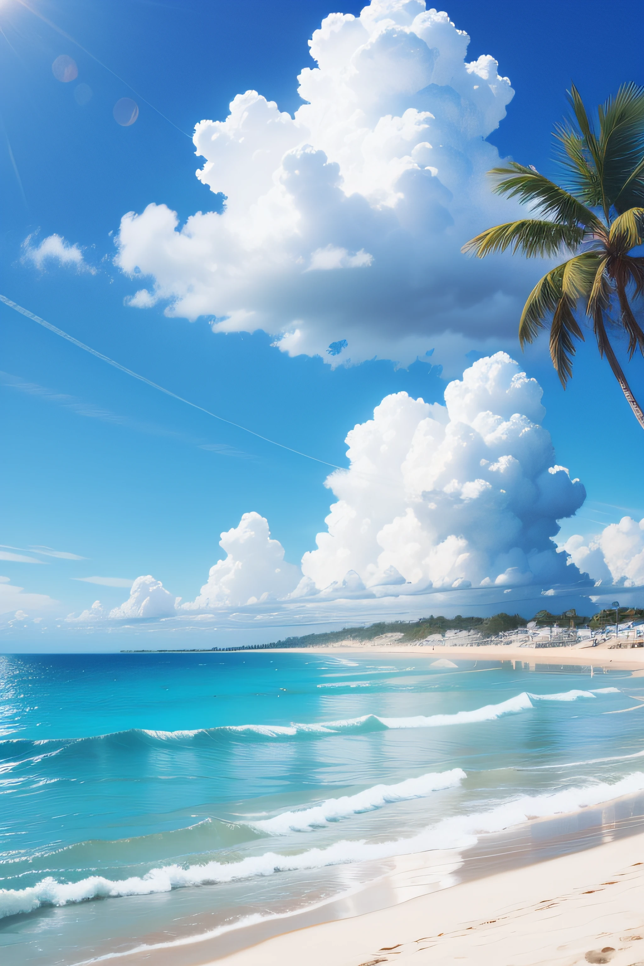 BEACH image with a serene and sunny blue sky, com nuvens brancas fofas