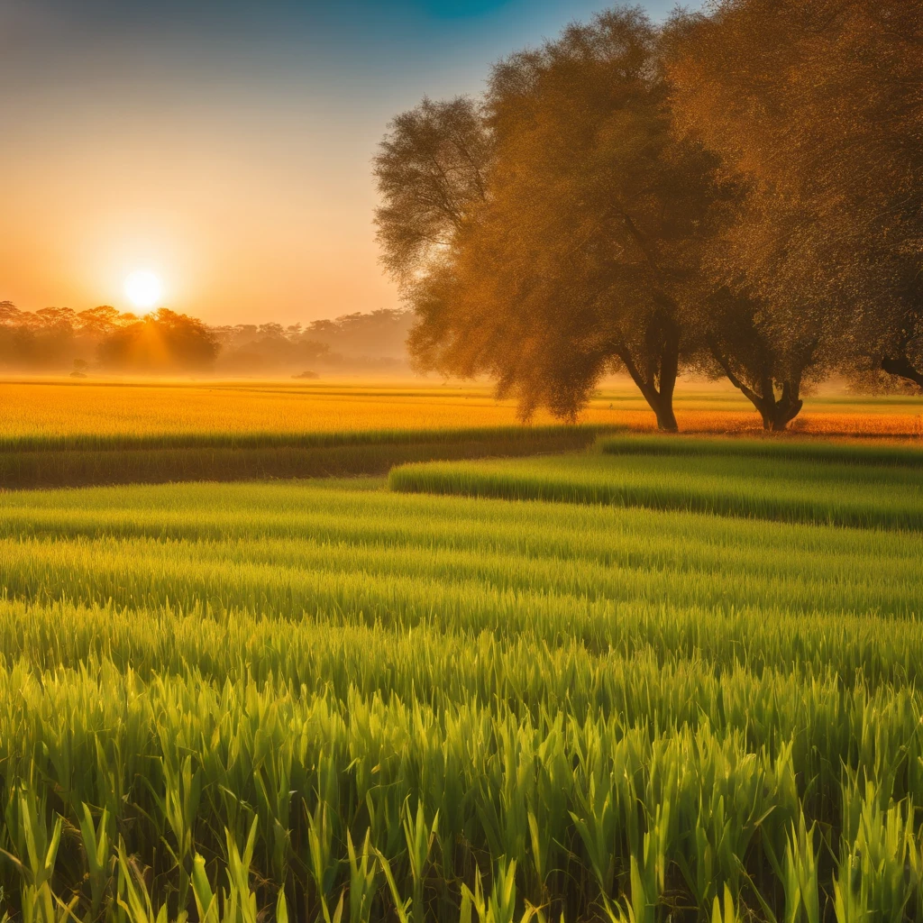 Autumn harvest scenery of mature rice fields at dawn and tranquility at sunrise，Soft gold tones depict the horizon of the rice fields and the sky，Scattered small villages，IMAGE IN 2560X1440 PIXEL FORMAT