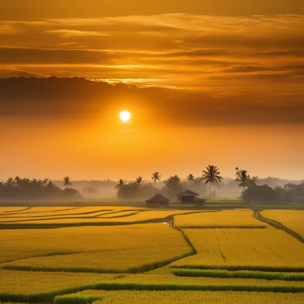 Autumn harvest scenery of mature rice fields at dawn and tranquility at sunrise,Soft gold tones depict the horizon of the rice fields and the sky,Scattered small villages,IMAGE IN 2560X1440 PIXEL FORMAT
