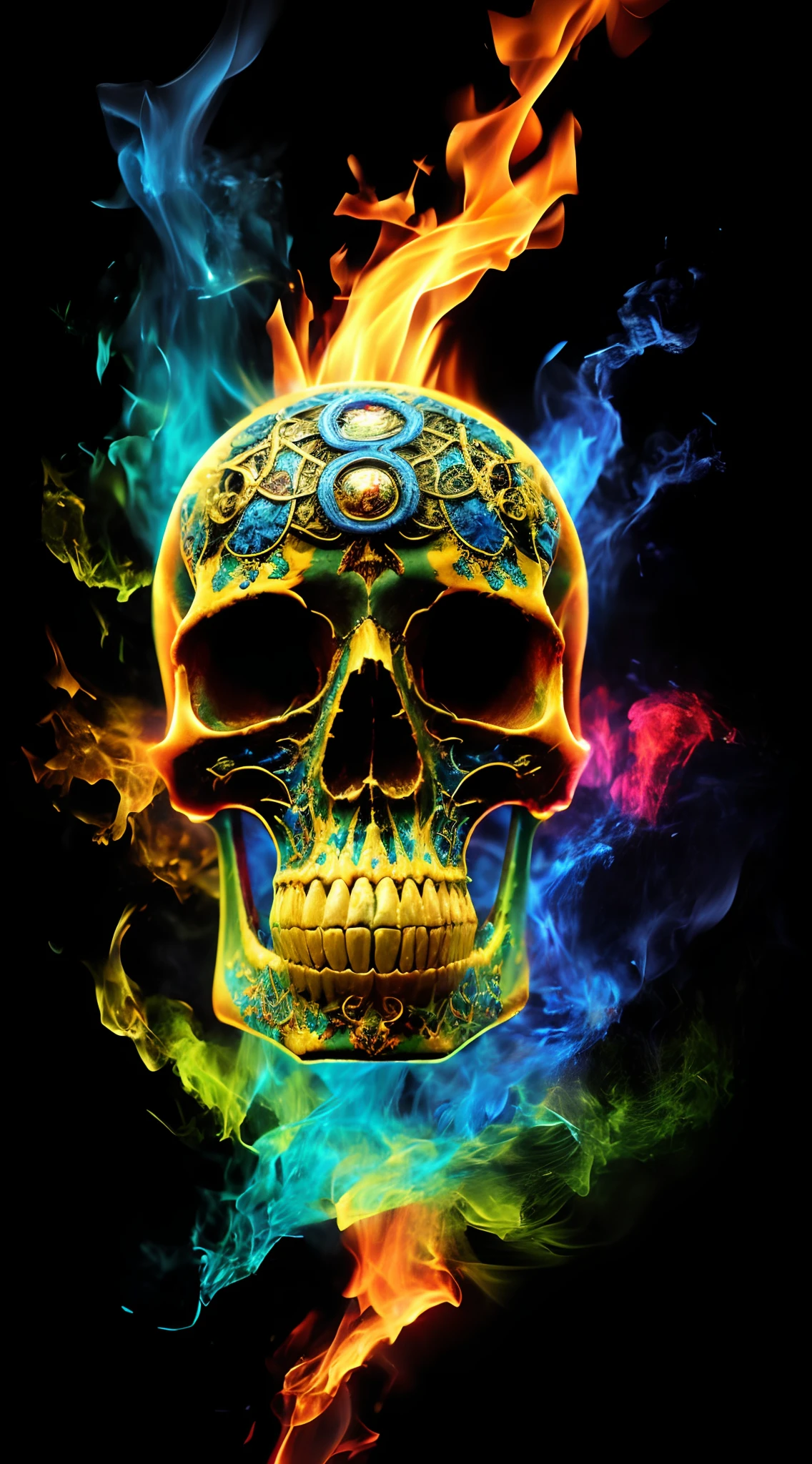 1 skull, Brightly colored skull with blue and yellow flames on a black background, Fantasy, Paint, Dark, But detailed digital art, firey, Contemplation of life, Blazing, Amazing digital art, detailed digital art, high detailed digital art, Detailed digital graphics, Morphing, sacred, Scary detailed graphics in color, ultra detailed digital art