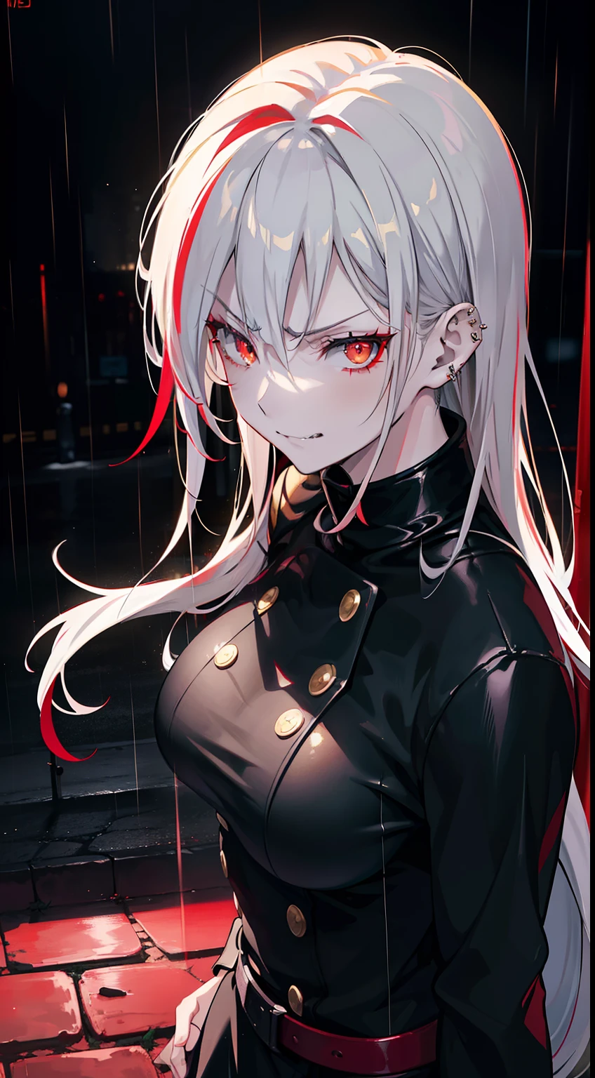 anime women, dark outfit with red details, white hair, (golden eyes) standing in a rain soaked street at night, photorealistic, cinematic lighting (best quality:1.2),ultradetailed,(photorealistic:1.37),vivid colors,bokeh,[realistic], angry looking face with smirk on mouth, piercing, ABS