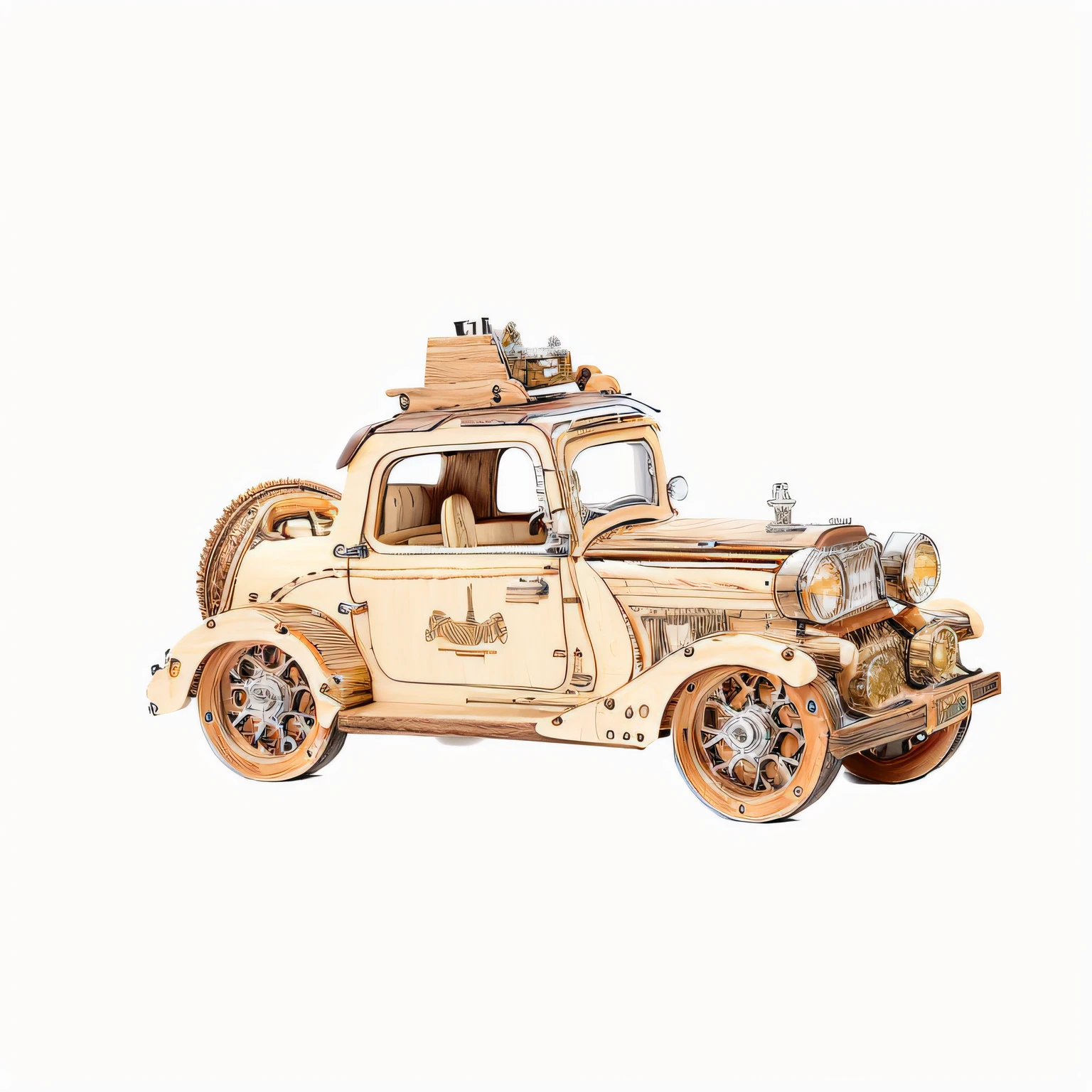 there is a model of a car with a wooden body, vintage car, steampunk car, classic car, wooden, intricate detailed racing car, model kit, old car, automobile, 2d, mini model, 2 d, vintage cars, wood, finely detailed car, detailed wide shot, 5d mk2, puttin, 240p, deco, rendering