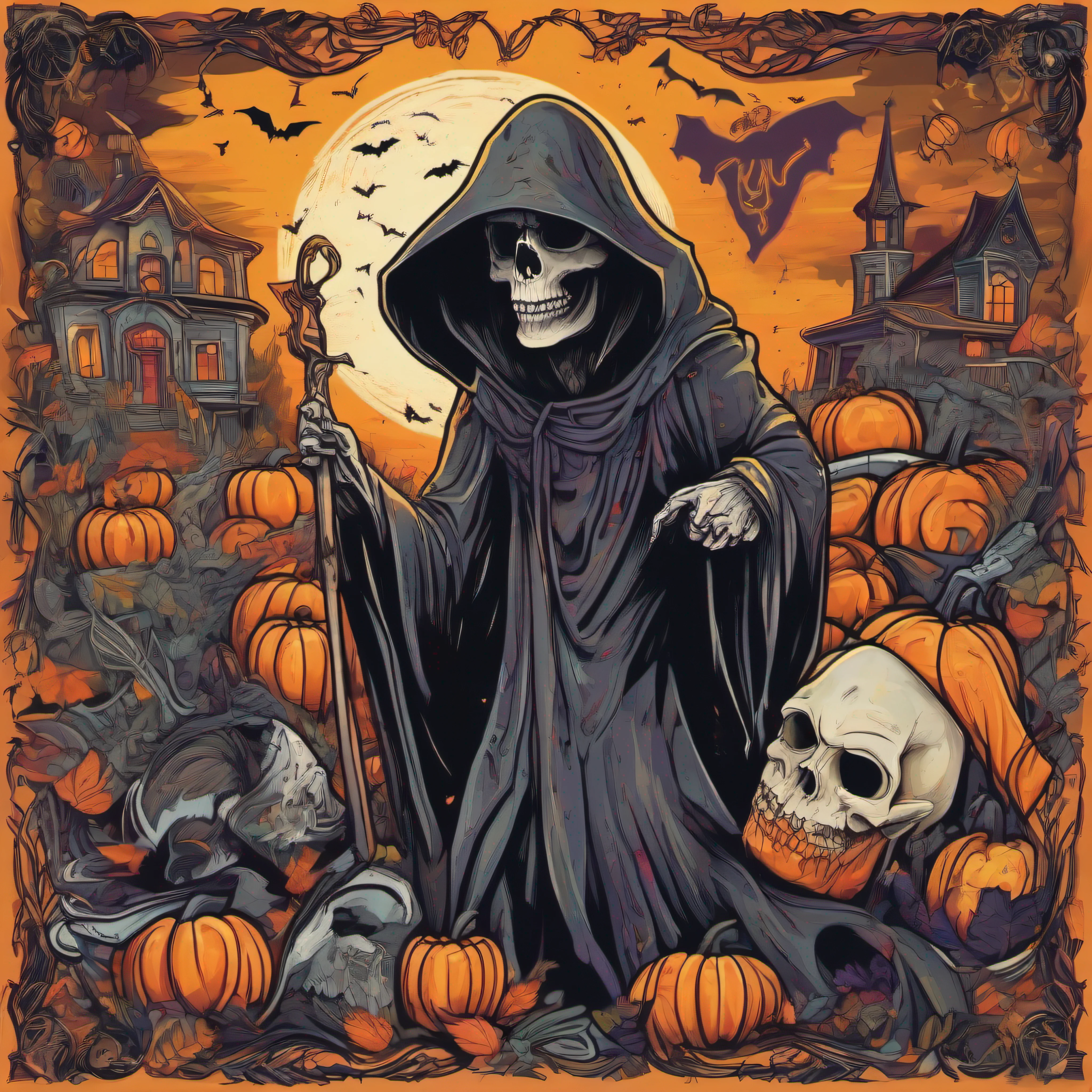 (best quality,4k,8k,highres,masterpiece:1.2),ultra-detailed,(realistic,photorealistic,photo-realistic:1.37), dark and mysterious colors, dramatic lighting, Halloween festival atmosphere, whimsical interpretation of the Grim Reaper, beautiful and intricate linework. The main subject is a girl wearing a t-shirt with a centered artwork of a vibrant and colorful illustration of the Grim Reaper, surrounded by Halloween-themed elements such as jack-o'-lanterns, bats, and witches. The illustration has a whimsical style, with exaggerated and playful features on the Grim Reaper. The typography on the artwork features the text saying "Love is dead" in a stylized and eye-catching manner. The overall composition has a graffiti-inspired feel, with energetic brushstrokes and vibrant colors. The artwork has a vector art aesthetic, with clean lines and bold shapes, making it suitable for various mediums such as stickers or digital prints. The scene is filled with a sense of excitement and anticipation, capturing the spirit of Halloween and the theme of love and death in a visually captivating way.