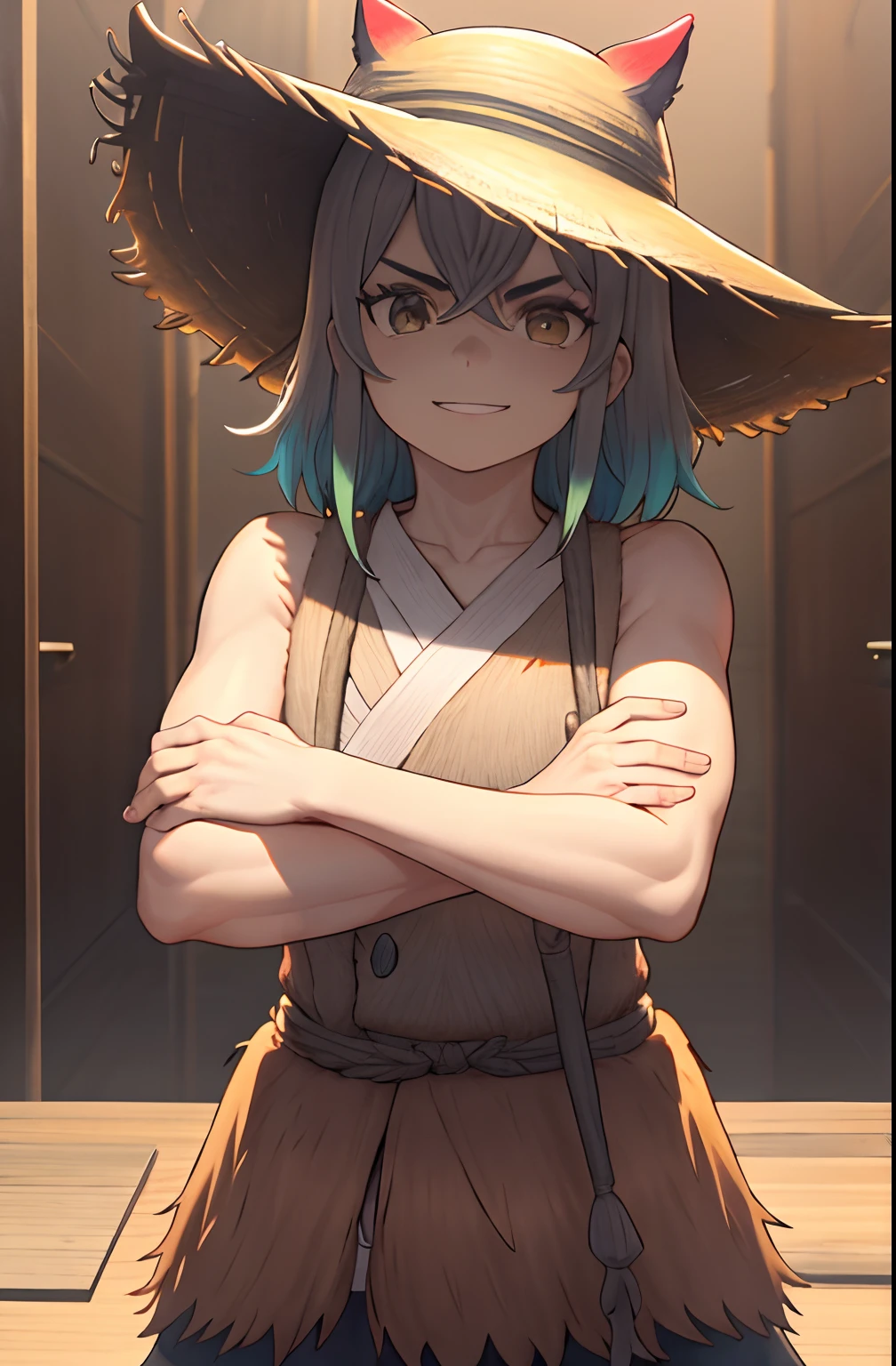 1boy, wanostyle, Inosuke hashibira, sorridente, straw hat, olhando para o espectador, solo, parte superior do corpo, ((obra-prima)), (melhor qualidade), (extremamente detalhado), profundidade de campo, sketchfab, sombras escuras intensas, foco nítido , soft-lighting, hdr, colorido, good composition, fogo ao redor, espetacular, camisa fechada, captura de tela de anime, pronto para lutar, olhos verdes,