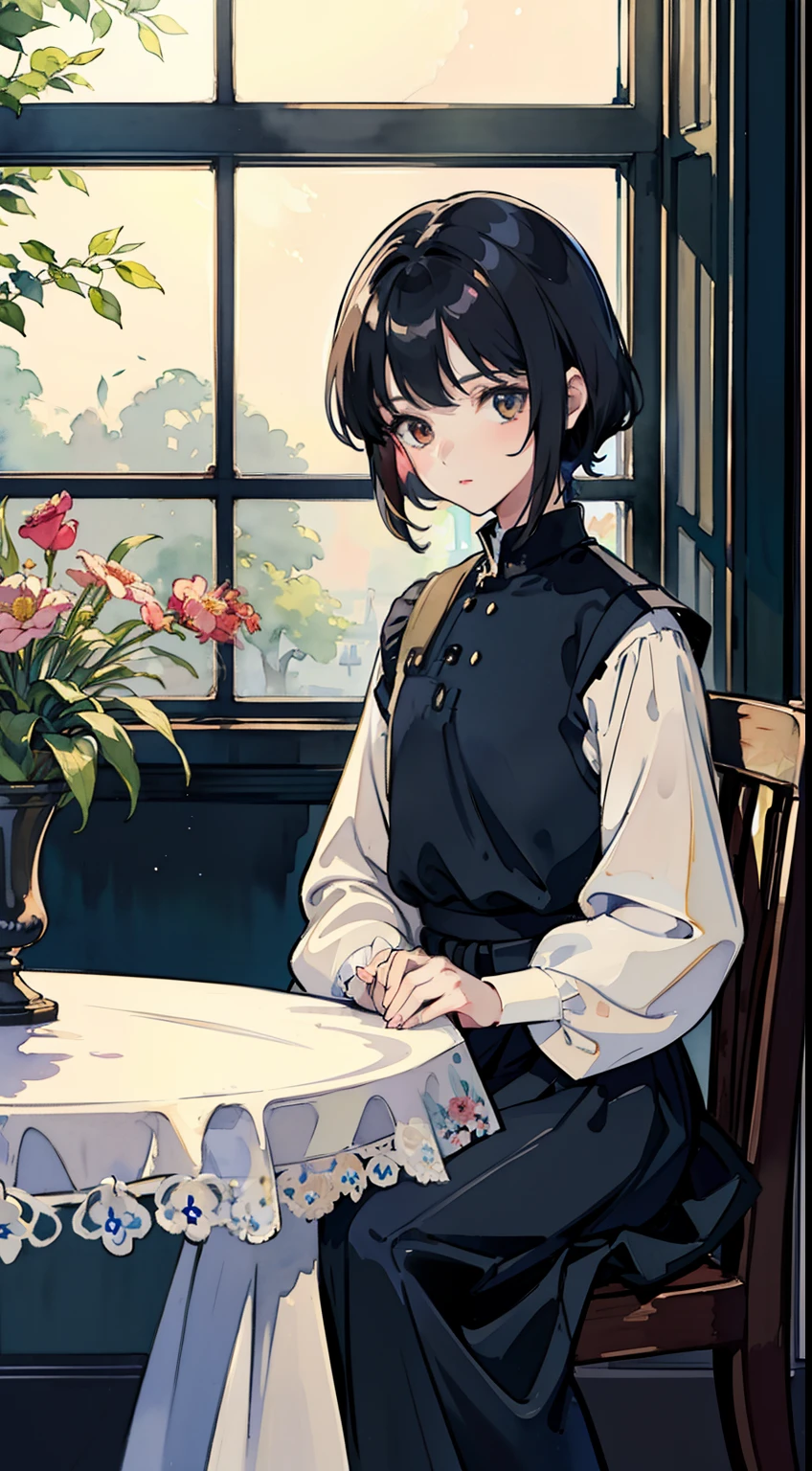 ((Watercolor by singer Sargent))、(top-quality、masterpiece)、1girl in、、A stunning、Short black hair、tiny chest、校服、long skirt、atlibrary、Boken、Flower Shop、The table、florals、window、houseplant、 The tree,
