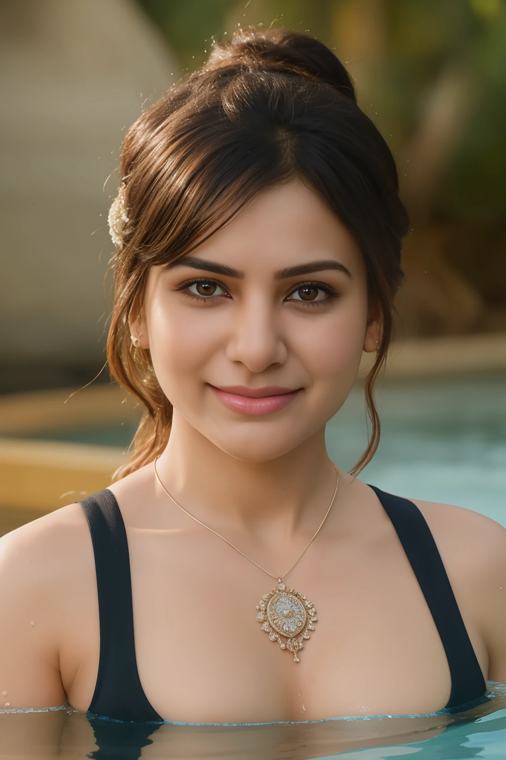 Day scene, close up photo of a sexy indian, bathing in, merged in water, black bra, big cheeks, deep cleavage, french braid hair, necklace, erotic face, 34 yo, look at viewer and seductive smile, (cinematic:1.3), intricate details, (ArtStation:1.2)