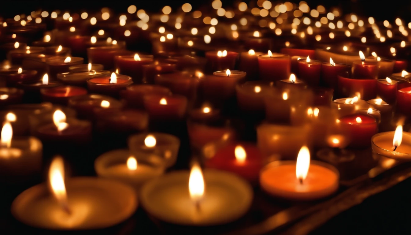 A photo of a room full of candles, humo, surreal, ambiente oscuro, macro