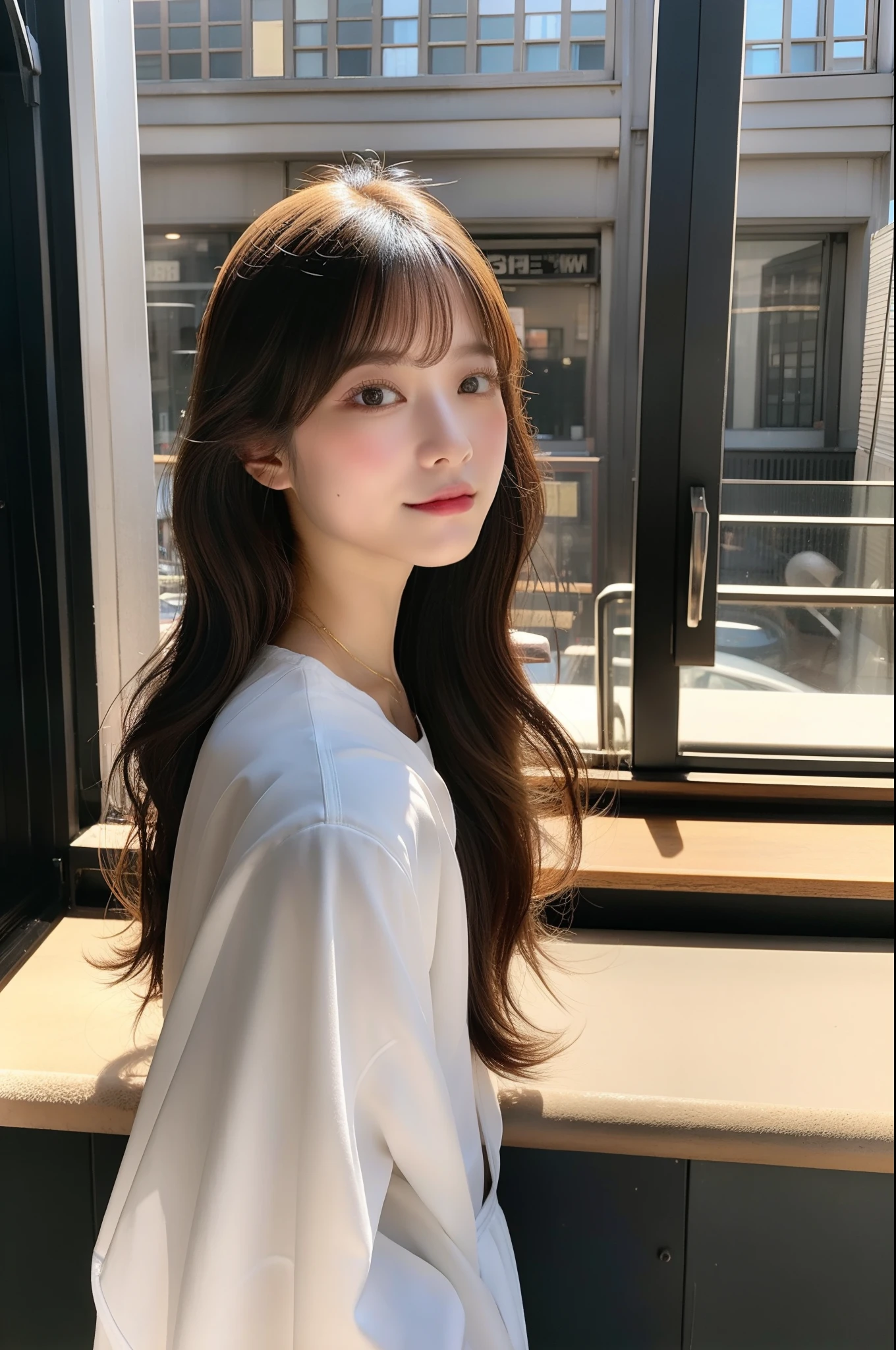 1girl in、in 8K、Raw photography、top-quality、masterpiece、realisitic、Photorealsitic、1girl in、Daytown、Pulling photo、de pele branca、Inside the shop、Warm light、Longhaire、a bar counter、Sheer sunlight、The city of Tokyo、pretty skin、Front photo