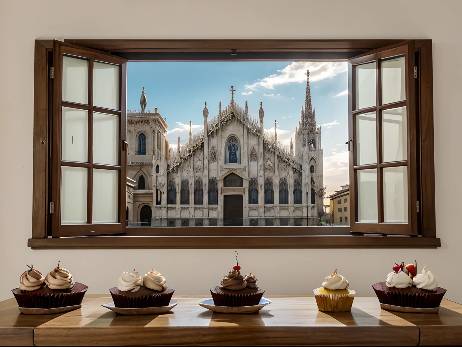 Large photo a Wall, in front of a  huge rectangular window, outside the window there is  visible a piece of the Milan cathedral, Duomo of Milan,table with many cackes, manu cupcakes, masterpiece , High Detailed,