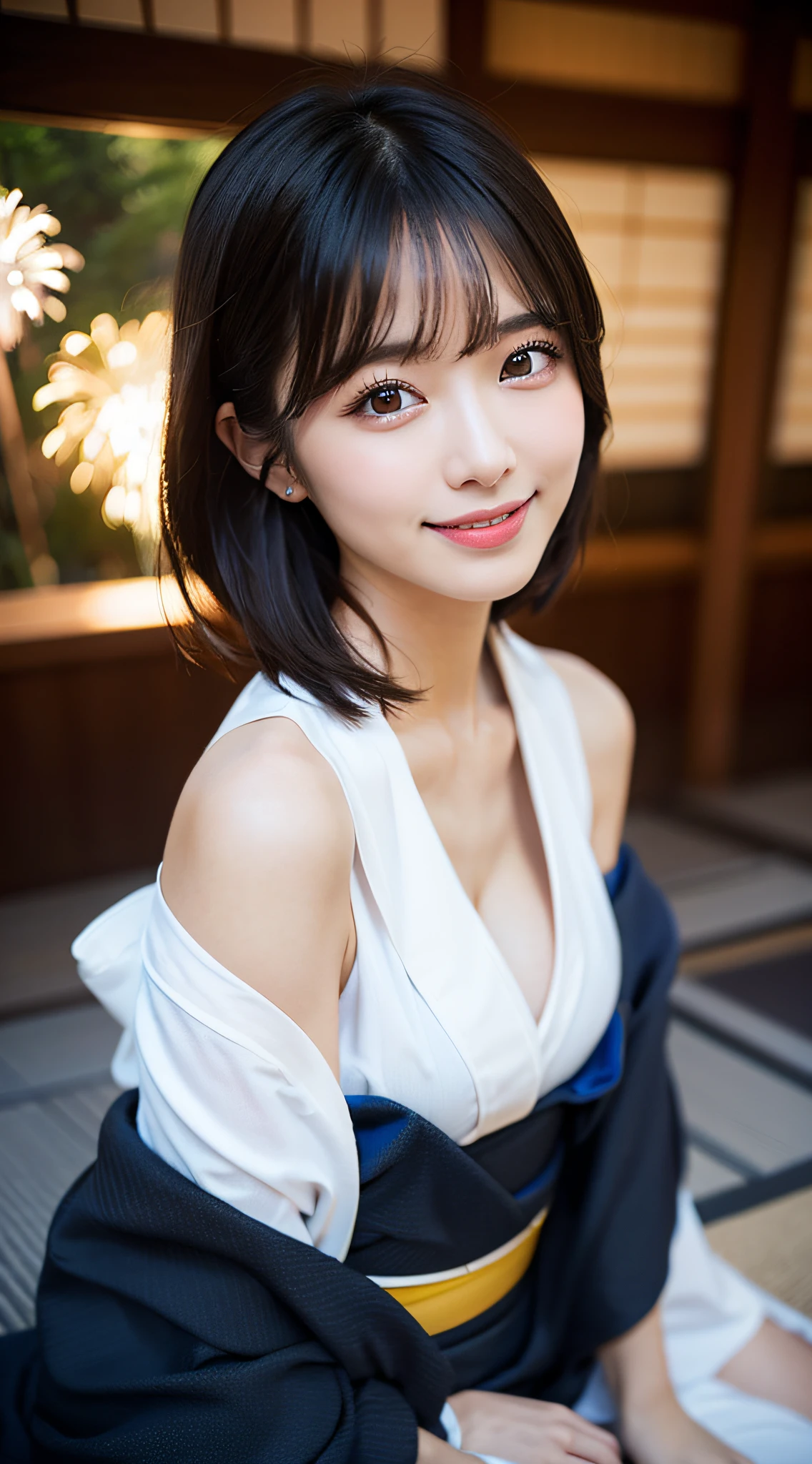 (8K、Raw photography、top-quality、​masterpiece:1.2)、(reallistic、Photorealsitic:1.37)、The ultra -The high-definition、1 girl in、cute little、独奏、natta、Sitting、date、(Nasal redness)、(A smile:1.1)、Colossal tits、beautidful eyes、(short-hair:1.2)、(((Fireworks in the sky、natta)))、(((Kimono、Yukata)))、cleavage on the chest、perfect bodies、Perfect fingers、profetional lighting、goddess of Japan、gravure、Detailed face and skin texture、A detailed eye、Raw photo,sexypose,((The chest is visible)),((Shoulders are visible)),((off shoulders)),Take off your yukata,Sitting on the floor,spreading legs,I can see the cleavage