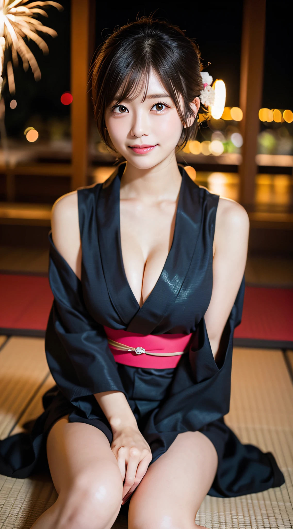 (8K、Raw photography、top-quality、masterpiece:1.2)、(reallistic、Photorealsitic:1.37)、The ultra -The high-definition、1 girl in、cute little、独奏、natta、Sitting、date、(Nasal redness)、(A smile:1.1)、Colossal tits、beautidful eyes、(short-hair:1.2)、(((Fireworks in the sky、natta)))、(((Kimono、Yukata)))、cleavage on the chest、perfect bodies、Perfect fingers、profetional lighting、goddess of Japan、gravure、Detailed face and skin texture、A detailed eye、Raw photo,sexypose,((The chest is visible)),((Shoulders are visible)),((off shoulders)),Take off your yukata,Sitting on the floor,spreading legs,I can see the cleavage