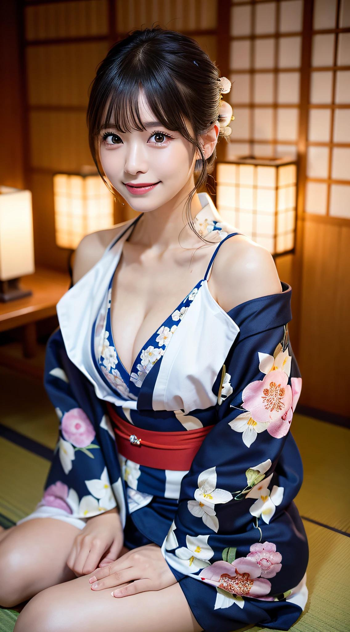 (8K、Raw photography、top-quality、masterpiece:1.2)、(reallistic、Photorealsitic:1.37)、The ultra -The high-definition、1 girl in、cute little、独奏、natta、Sitting、date、(Nasal redness)、(A smile:1.1)、Colossal tits、beautidful eyes、(short-hair:1.2)、(((Fireworks in the sky、natta)))、(((Kimono、Yukata)))、cleavage on the chest、perfect bodies、Perfect fingers、profetional lighting、goddess of Japan、gravure、Detailed face and skin texture、A detailed eye、Raw photo,sexypose,((The chest is visible)),((Shoulders are visible)),((off shoulders)),Take off your yukata,Sitting on the floor,spreading legs,I can see the cleavage