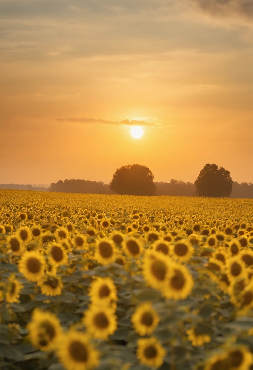 The tranquility of rape blossoms at autumn dawn，Soft golden tones depict the horizon of rape flowers and the sky，Scattered sunflowers，IMAGE IN 2560X1440 PIXEL FORMAT