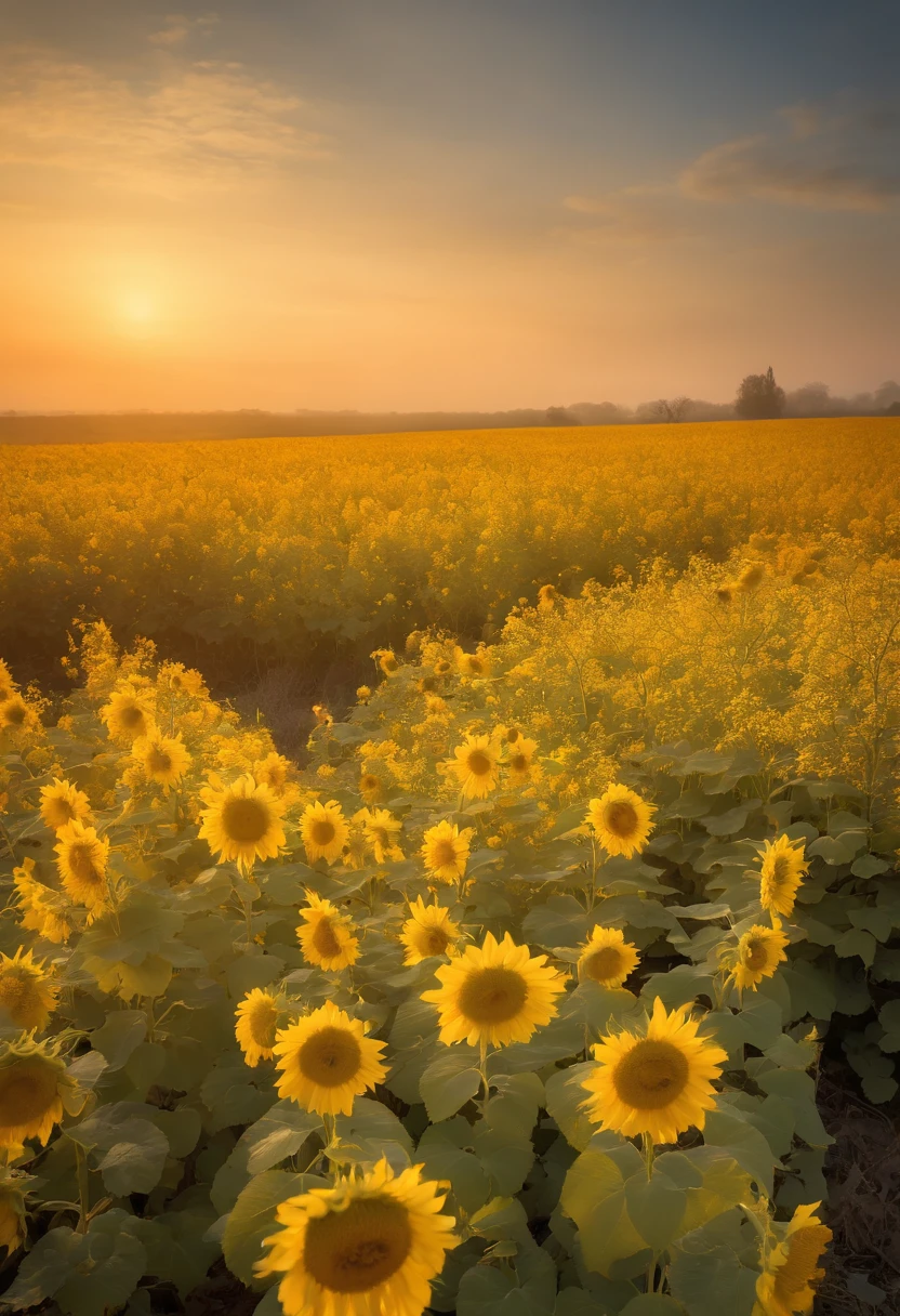 The tranquility of rape blossoms at autumn dawn，Soft golden tones depict the horizon of rape flowers and the sky，Scattered sunflowers，IMAGE IN 2560X1440 PIXEL FORMAT