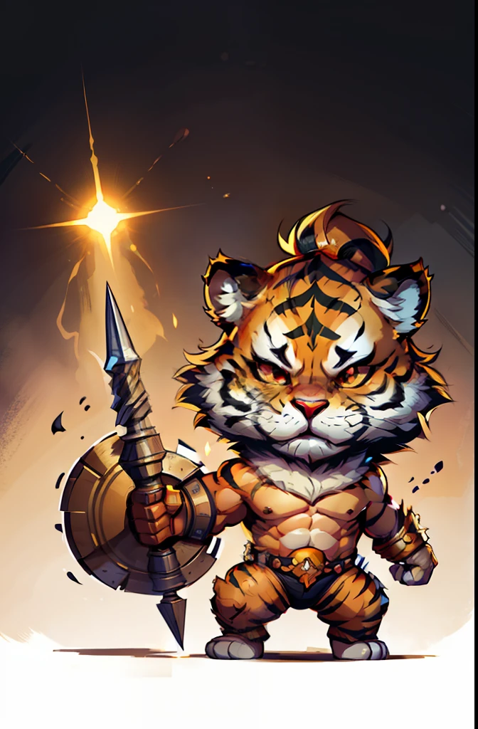 1young tiger, baby face tiger ,chibi, anthropomorphic, golden fur, big red eyes, warrior with armor and weapon, character 1:1, image with full body,simple dark background, about the picture: keep pencil stroke
