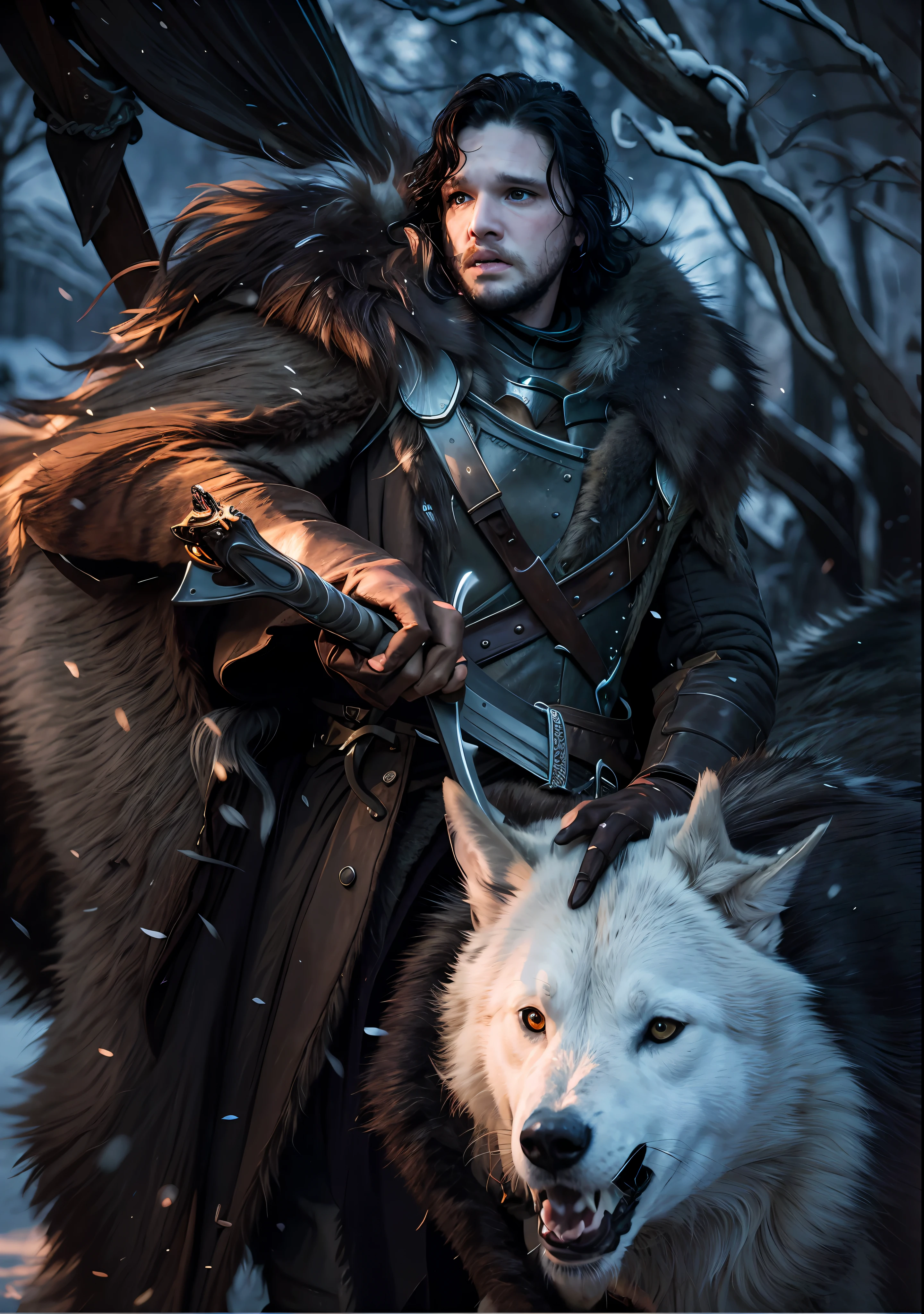 Cinematic poster of Jon Snow holding a sword, accompanied by a white wolf, in the snow. (HDR: 1.4), (cinematic lighting: 1.4), masterpiece, ultra realistic 8K, perfect art, intricate details, sharp focus, detailed face, lights and shadows, vivid colors, award-winning photography, hyperrealistic.