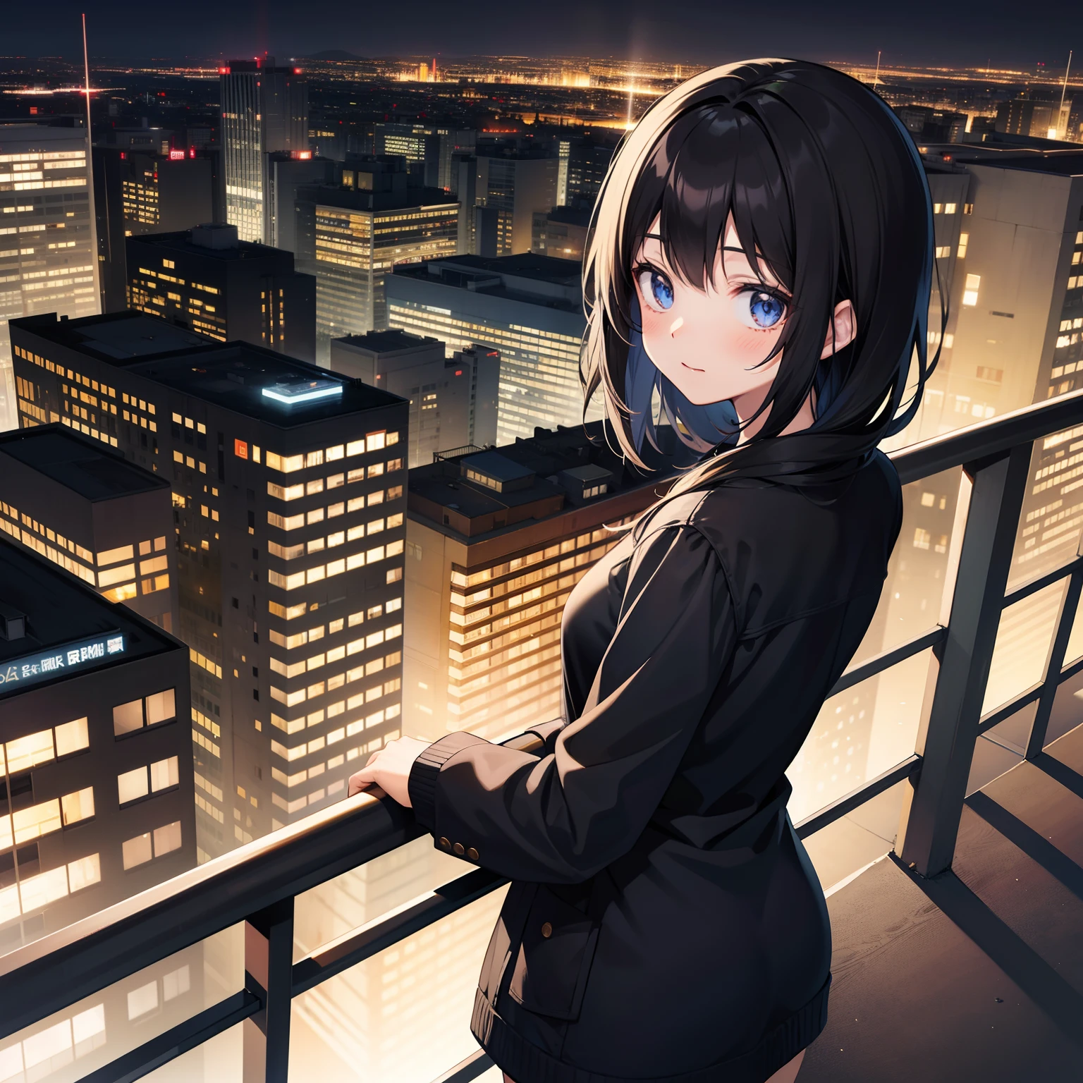 An anime girl, looking back at a city from a balcony, black hair, glowing city