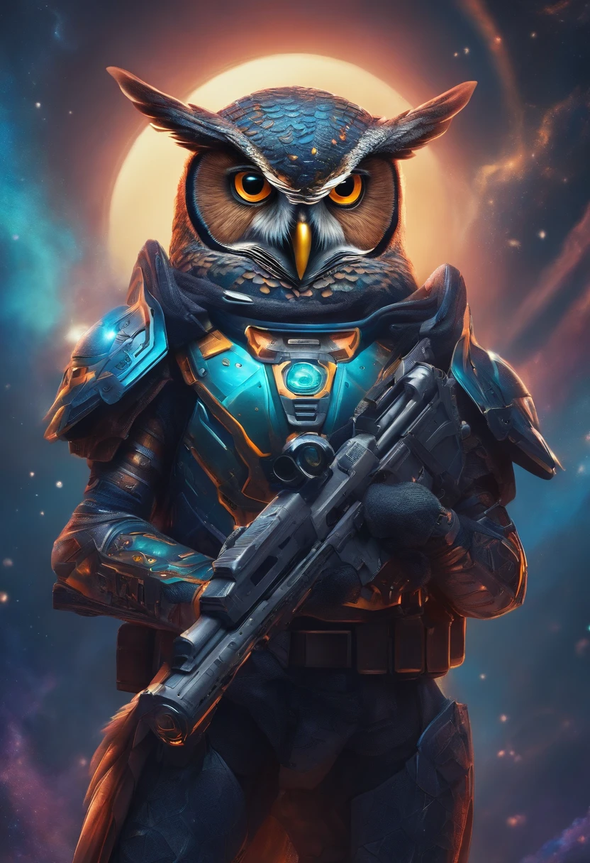 an owl armed with a gun and wearing futuristic space armor