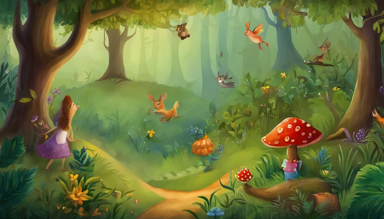 floresta encantada, noite estrelada, vagalumes, illustration of children's books, Noite na floresta, official illustration, story book illustration, illustration of children's books, colorful kids book illustration, Uma floresta, fundo da floresta noturna, illustration for children, illustration of children's book, in the forest at night, illustration of children's book.