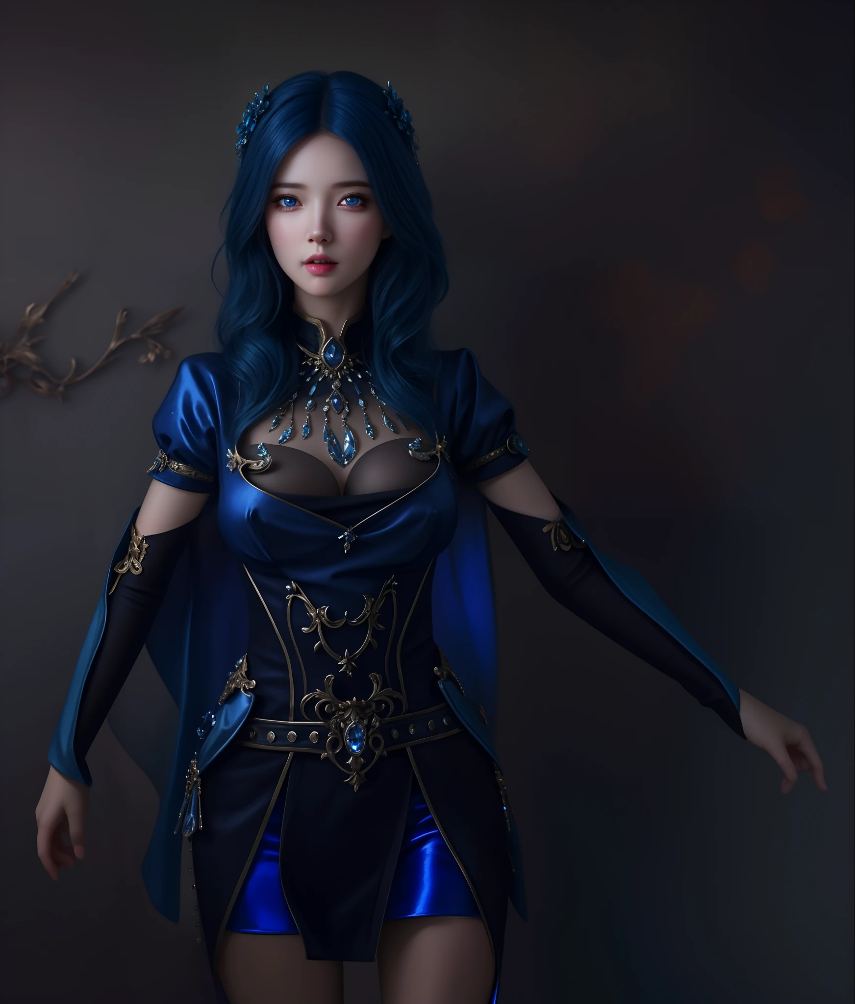 (hyperrealistic), (illustration), (high resolution), (8K), (extremely detailed), (best illustration), (beautiful detailed eyes), (best quality), (ultra-detailed), (masterpiece), (wallpaper), (photorealistic), (natural light), (rim lighting), (detailed face), (high detailed realistic skin texture), (anatomically correct), (solo), (1 girl), (high detailed realistic hair), (blue hair:1.2), (heterochromic eyes), (detailed blue eyes), (sparkling eyes), (small moles under the eyes), (realistic big breasts:1.5), (exposed nipple breasts:1.35), (long legs), (slender abs), (dynamic pose), (closed tiny mouth:1.3), nsfw,