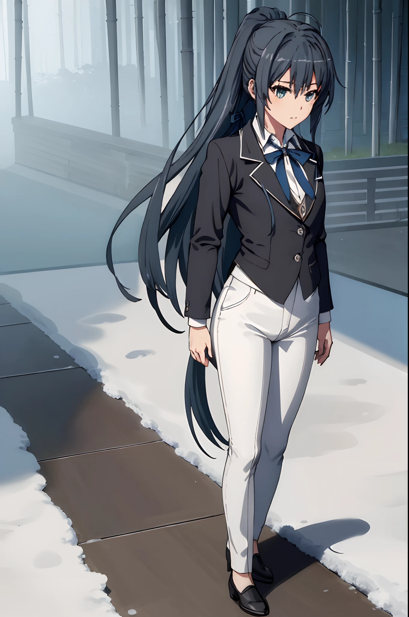 巨作, Best Quality,highres,da,ponytail ,white pants ,long hair,1girl, Under the snow, Butler tail coat ,blue hair, eyes blue,Tail coat,striped,tight pants ,black shirt ,garden green background ,, blue, looking at the scenes,Badass Butler