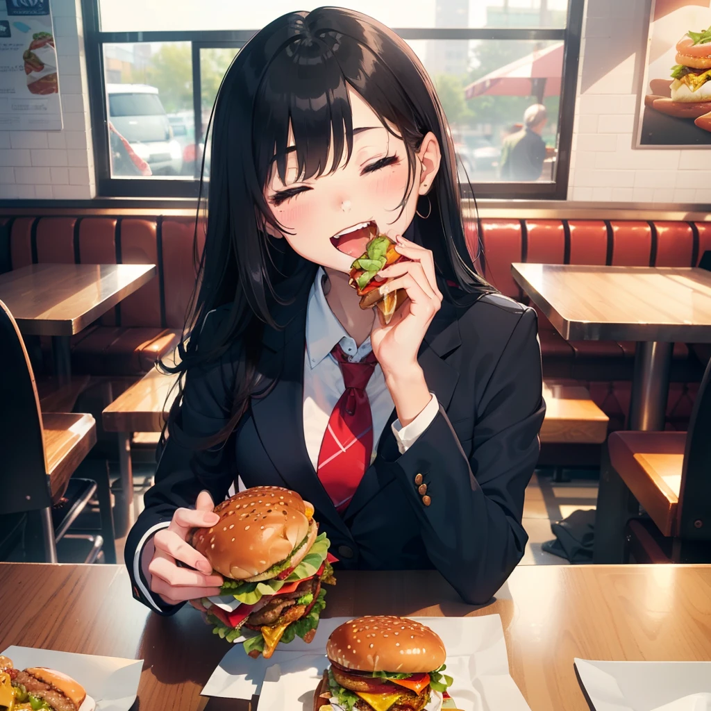 1 beauty, Female college student, Watery Big Eyes,blazer and tie, (Happy smile),long eyelasher, Blushlush,Black Perm Hair,At the table in a fast food restaurant, (Close your eyes, Smile and open your mouth wide), ((Gnawing on a grabbed hamburger with both hands)),(Eat cleanly)