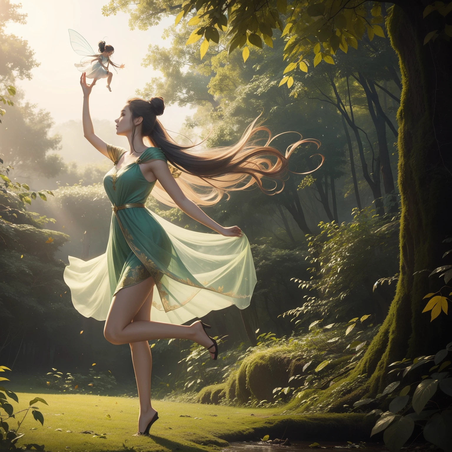 adult female fairy flying in the air, beautiful face, adult face, long hair in bun, short dress, full body, among giant leaves, friendly atmosphere, high quality, detailed