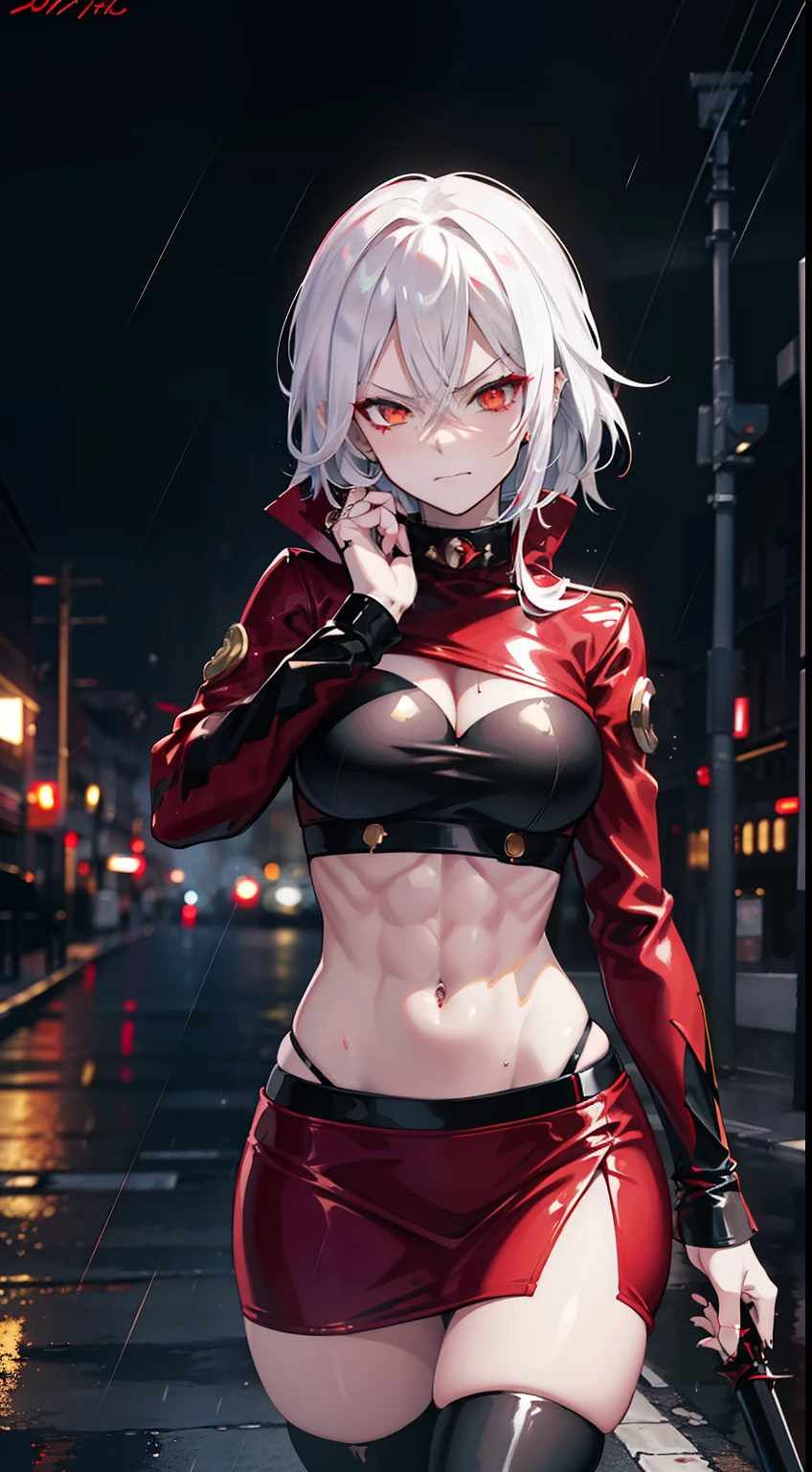 anime women, sexy dark outfit with red details, white hair, (golden eyes) standing in a rain soaked street at night, photorealistic, cinematic lighting (best quality:1.2),ultradetailed,(photorealistic:1.37),vivid colors,bokeh,[realistic], angry looking face with smirk on mouth, piercing, ABS, dominatrix, wet, dynamic