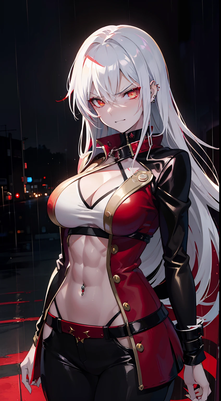 anime women, sexy dark outfit with red details, white hair, (golden eyes) standing in a rain soaked street at night, photorealistic, cinematic lighting (best quality:1.2),ultradetailed,(photorealistic:1.37),vivid colors,bokeh,[realistic], angry looking face with smirk on mouth, piercing, ABS, dominatrix, wet, dynamic