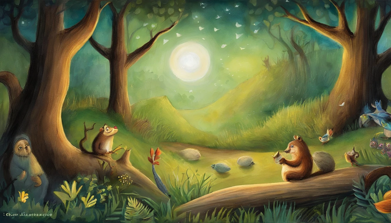 illustration of children's books, Noite na floresta, official illustration, story book illustration, illustration of children's books, colorful kids book illustration, Uma floresta, fundo da floresta noturna, illustration for children, illustration of children's book, in the forest at night, illustration of children's book, noite, darkeness, starly sky, night  sky.