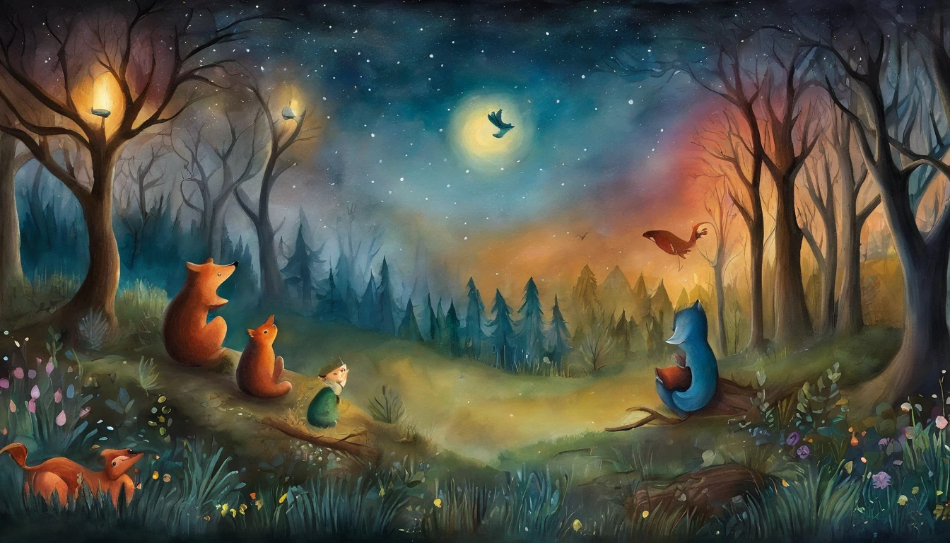 illustration of children's books, Noite na floresta, official illustration, story book illustration, illustration of children's books, colorful kids book illustration, Uma floresta, fundo da floresta noturna, illustration for children, illustration of children's book, in the forest at night, illustration of children's book, noite, darkeness, starly sky, night  sky.