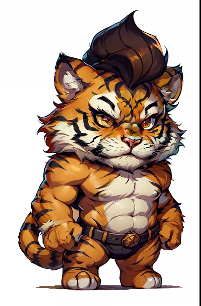 1young tiger, baby face tiger ,chibi, anthropomorphic, golden fur, big red eyes, warrior with casual chothe, character 1:1, image with full body,simple dark background,